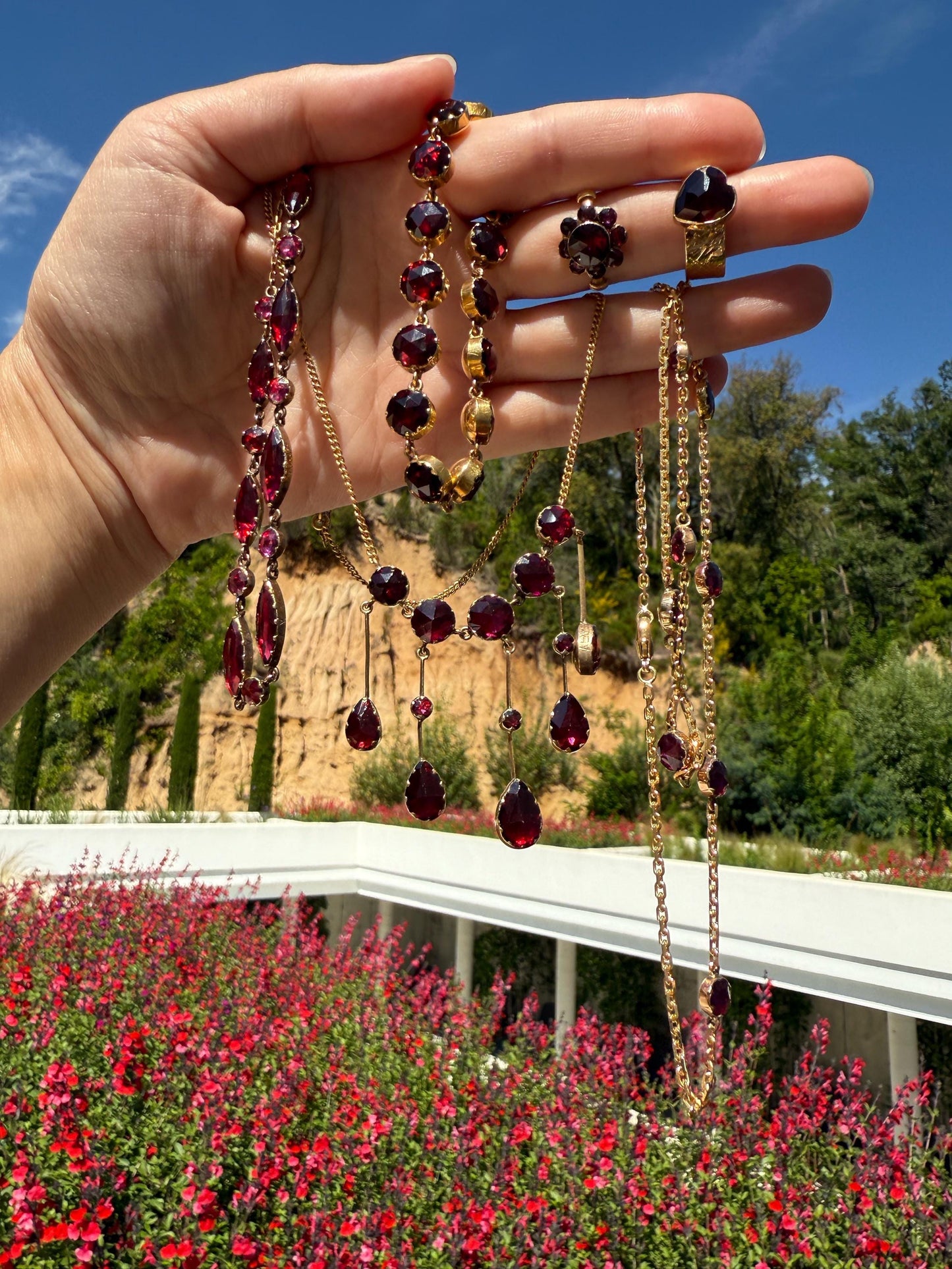 Vintage French PERPIGNAN GARNET Riviere Eternity Bracelet 18k Gold Bezel Set Rose Cut Closed Back Almandine Glowing Raspberry Wine Love Gift