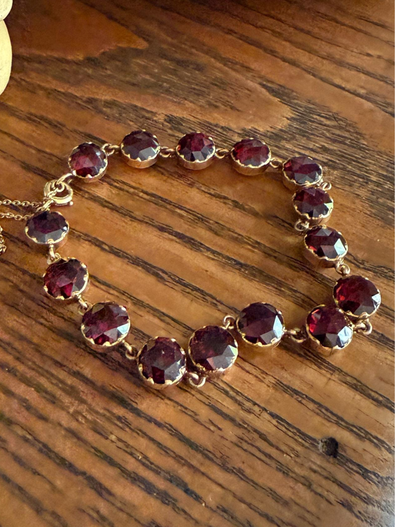 Vintage French PERPIGNAN GARNET Riviere Eternity Bracelet 18k Gold Bezel Set Rose Cut Closed Back Almandine Glowing