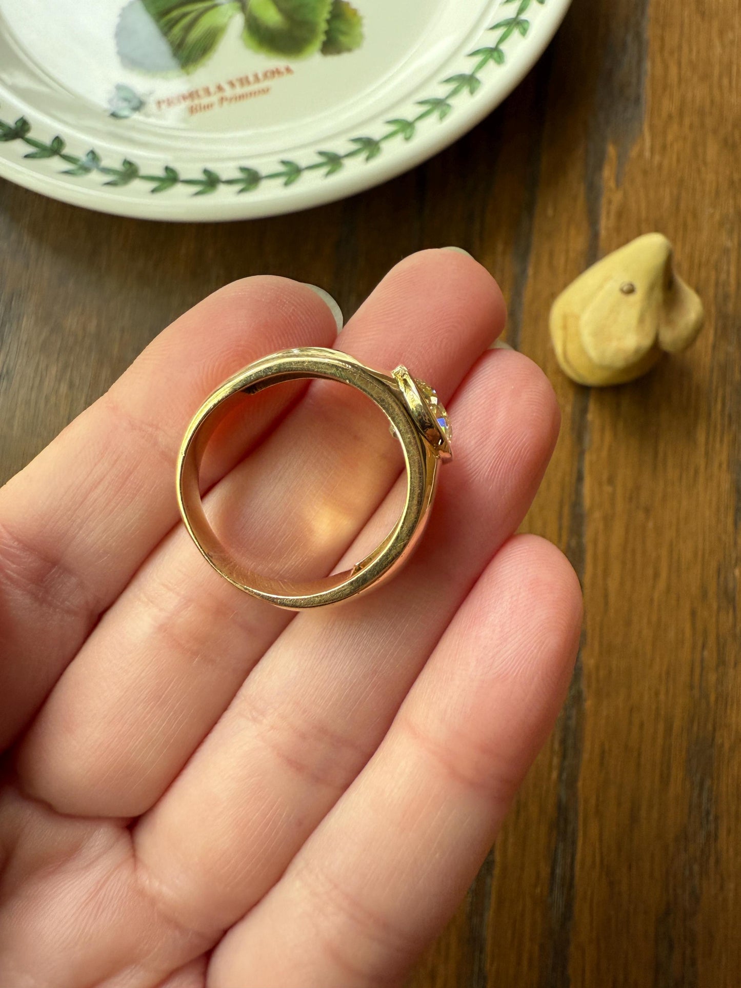 Eye Clean 2.3 Carat Old Mine Cut DIAMOND Antique Stone 18k Gold Vintage Unisex Gypsy Ring Solitaire Chunky Wide Band Stacker Gift OmC 2.3ctw