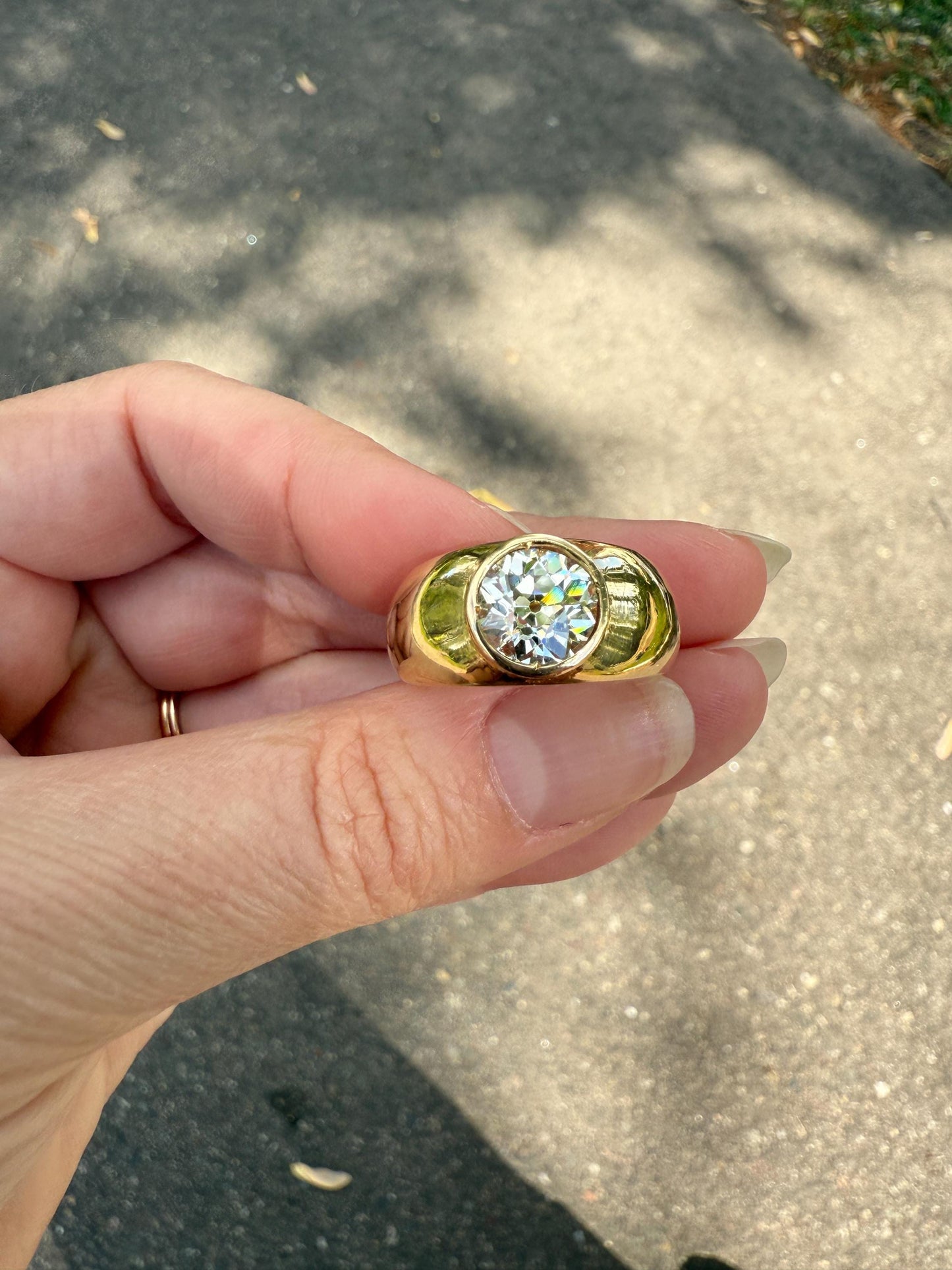 Eye Clean 2.3 Carat Old Mine Cut DIAMOND Antique Stone 18k Gold Vintage Unisex Gypsy Ring Solitaire Chunky Wide Band Stacker Gift OmC 2.3ctw