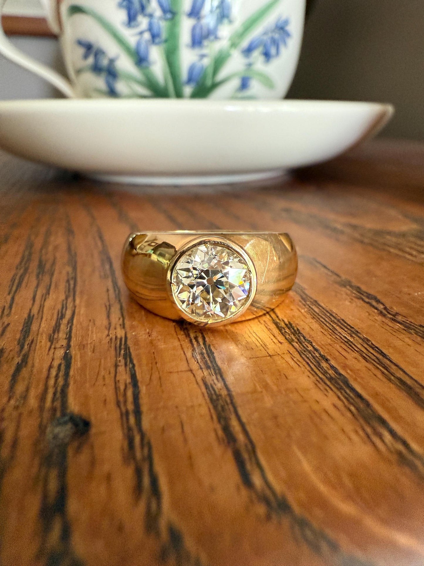 Eye Clean 2.3 Carat Old Mine Cut DIAMOND Antique Stone 18k Gold Vintage Unisex Gypsy Ring Solitaire Chunky Wide Band Stacker Gift OmC 2.3ctw