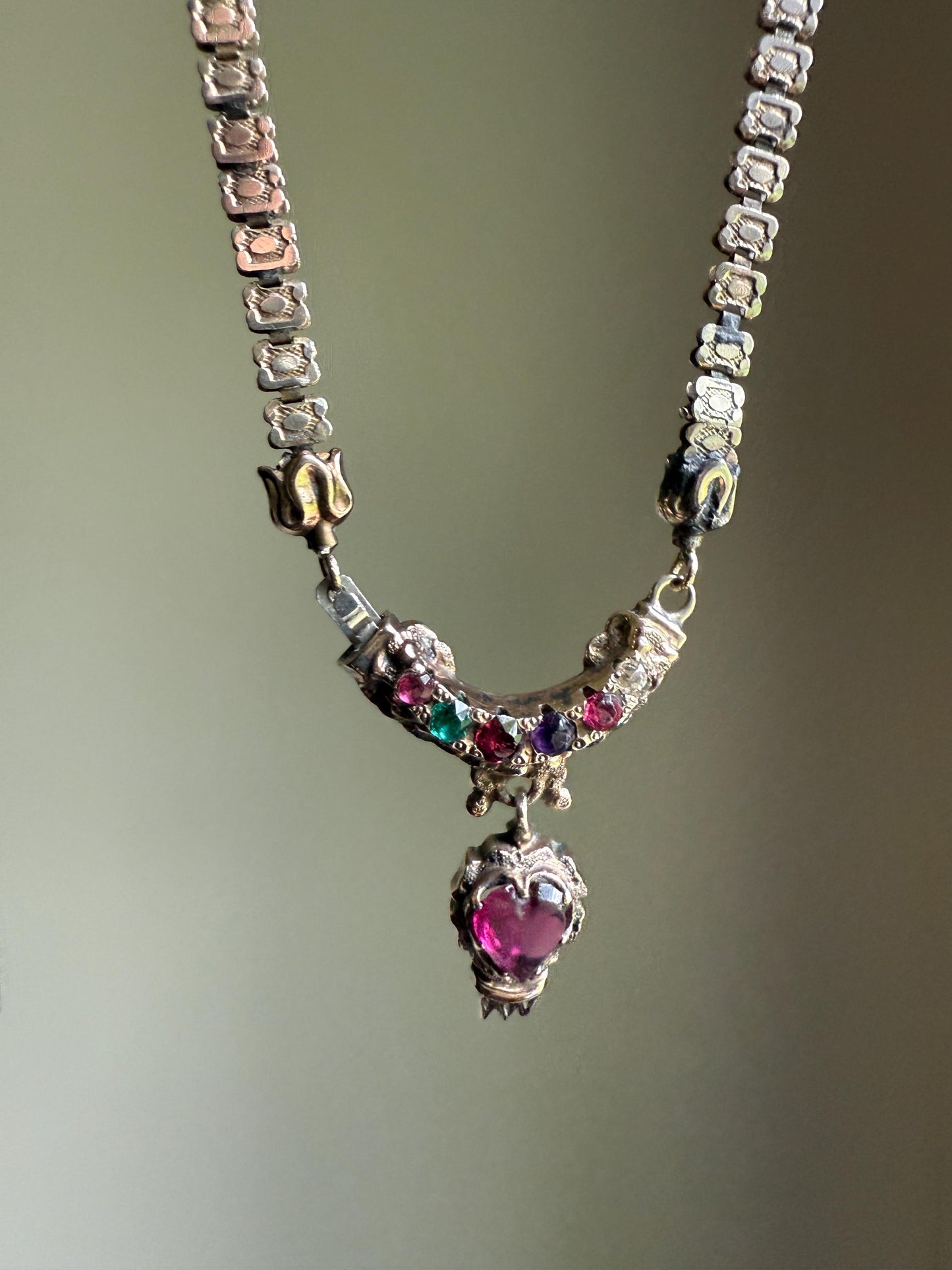 REGARD Old Mine Cut Diamond Amethyst Garnet Paste HEART Antique VICTORIAN Book Chain Necklace Pendant 10k Pale Gold Figural Rare Acrostic