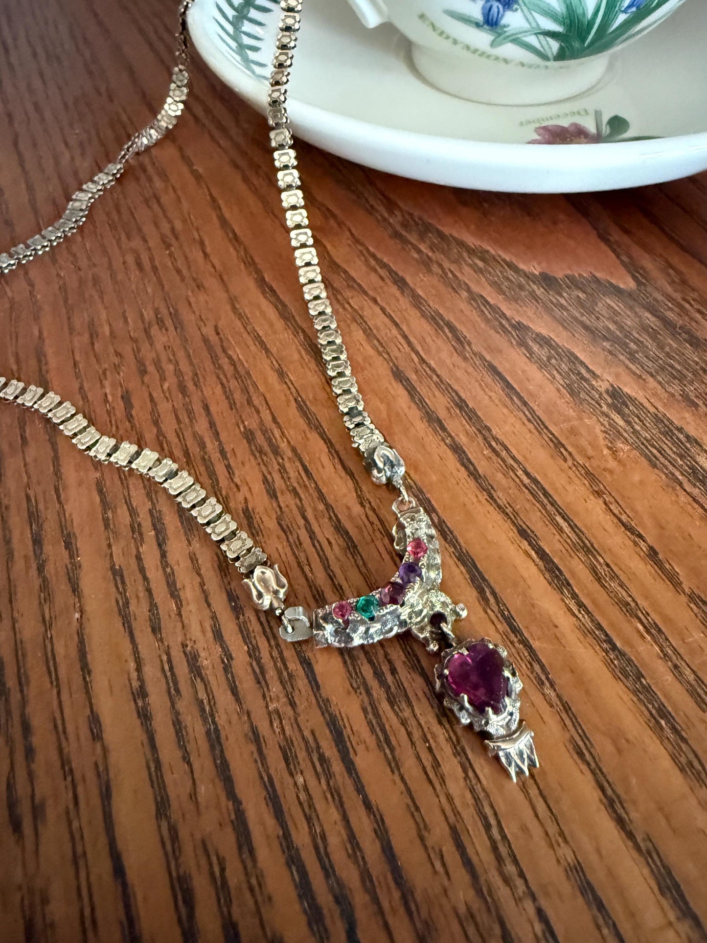 REGARD Old Mine Cut Diamond Amethyst Garnet Paste HEART Antique VICTORIAN Book Chain Necklace Pendant 10k Pale Gold Figural Rare Acrostic