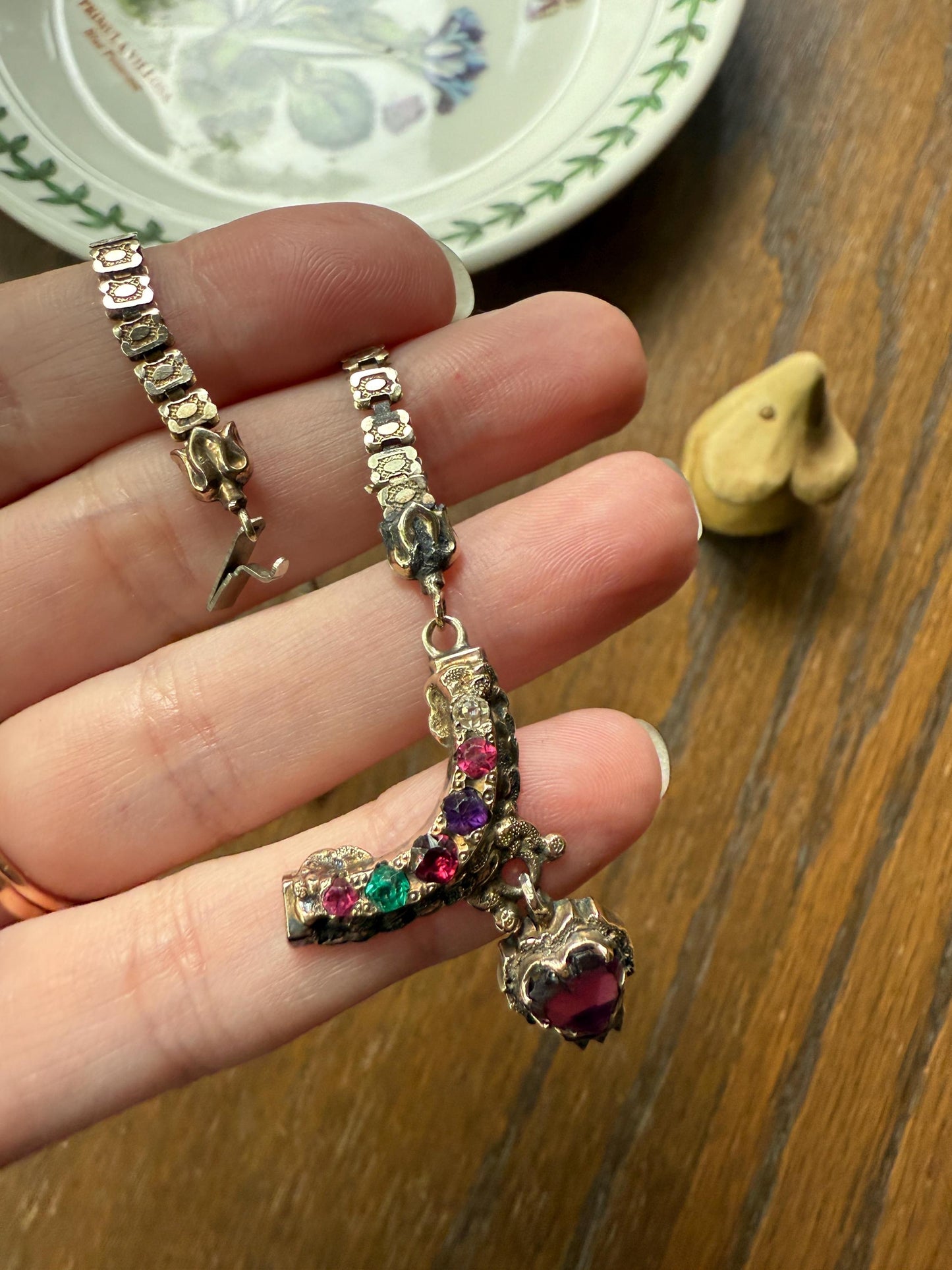 REGARD Old Mine Cut Diamond Amethyst Garnet Paste HEART Antique VICTORIAN Book Chain Necklace Pendant 10k Pale Gold Figural Rare Acrostic