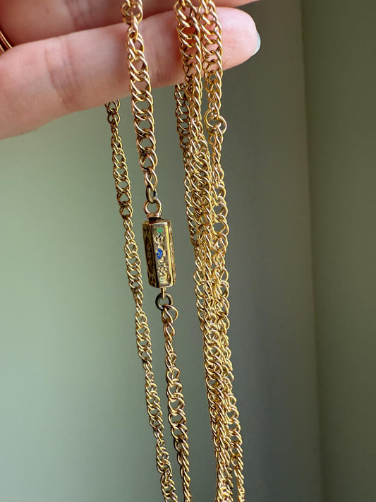 Victorian ANTIQUE 43" Long HEAVY French Hand Made 25g 18k Gold Circle Link Chain Enamel Floral Barrel Clasp Circle Links Guard Muff Double