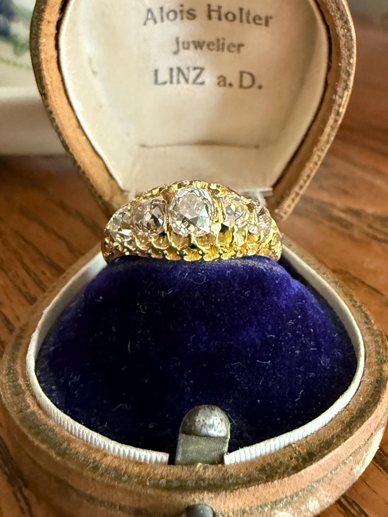 Most Ornate Victorian Antique Chunky Five Stone 1.8 Carat Old Mine Cut Diamond Band 18k Gold Ring Stacker Crown Prongs