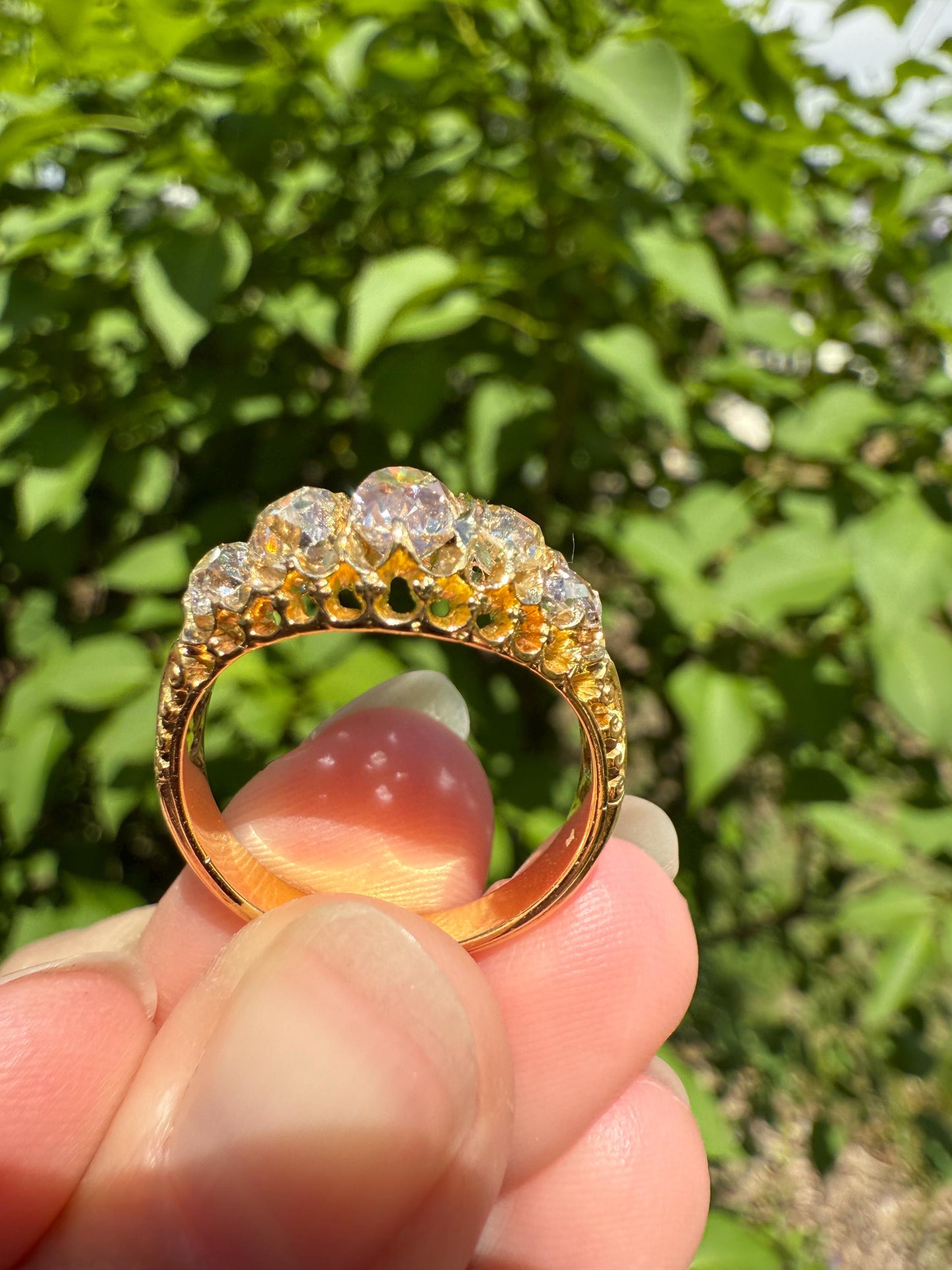 Most Ornate Victorian Antique Chunky Five Stone 1.8 Carat Old Mine Cut Diamond Band 18k Gold Ring Stacker Crown Prongs Scrolled 1.8Tcw OMC
