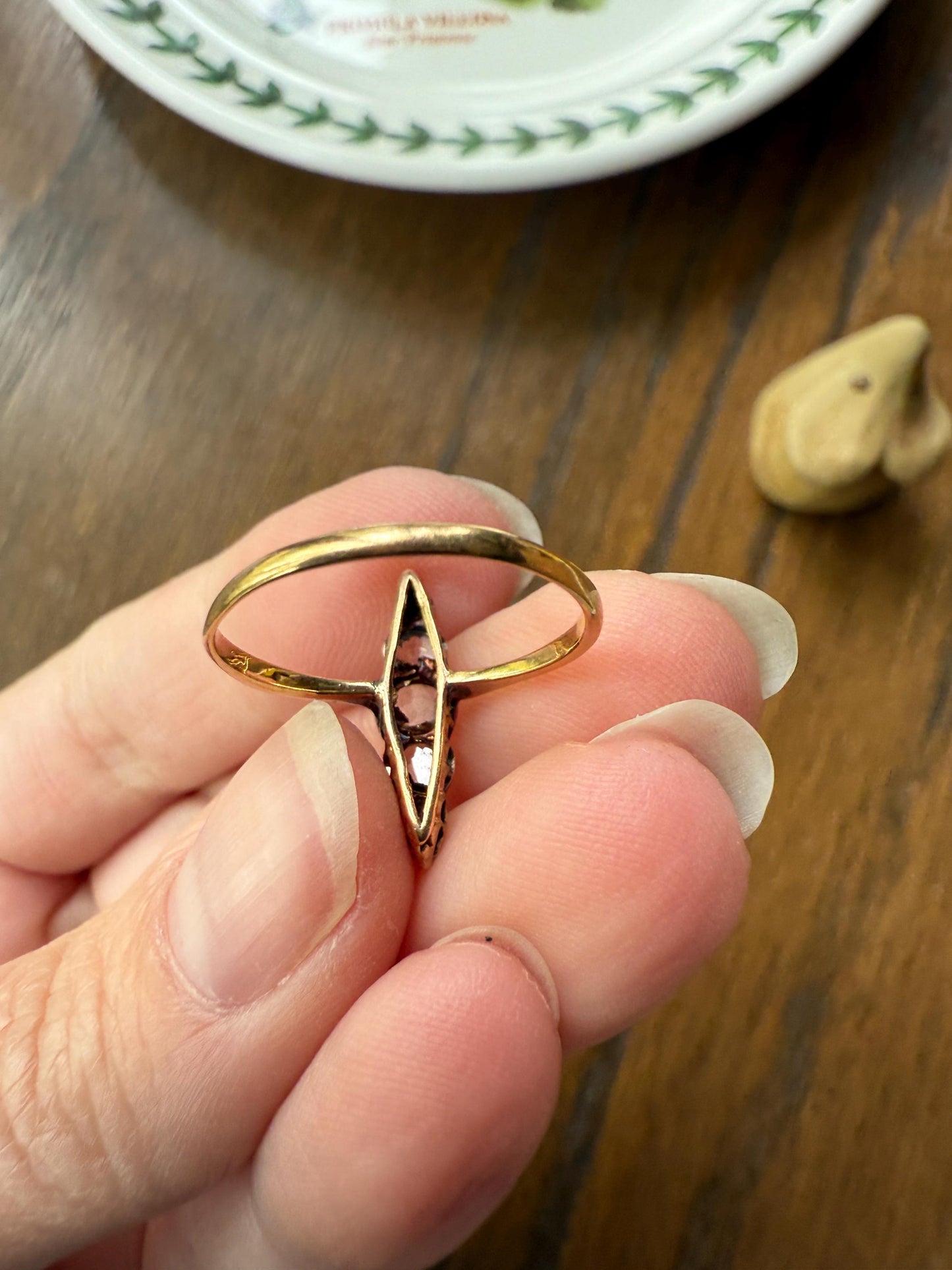 Rose Cut DIAMOND Antique Five Stone Skinny NAVETTE Ring 18k Gold Victorian to Georgian Scalloped Unique Romantic Gift