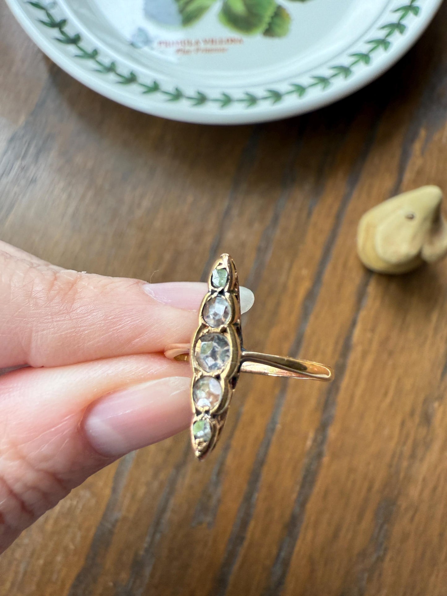 Rose Cut DIAMOND Antique Five Stone Skinny NAVETTE Ring 18k Gold Victorian to Georgian Scalloped Unique Romantic Gift