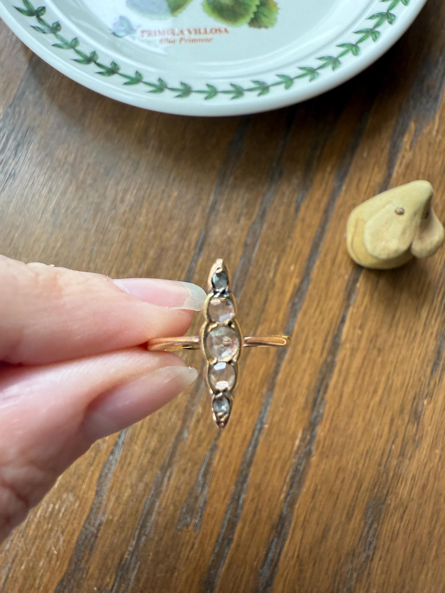 Rose Cut DIAMOND Antique Five Stone Skinny NAVETTE Ring 18k Gold Victorian to Georgian Scalloped Unique Romantic Gift