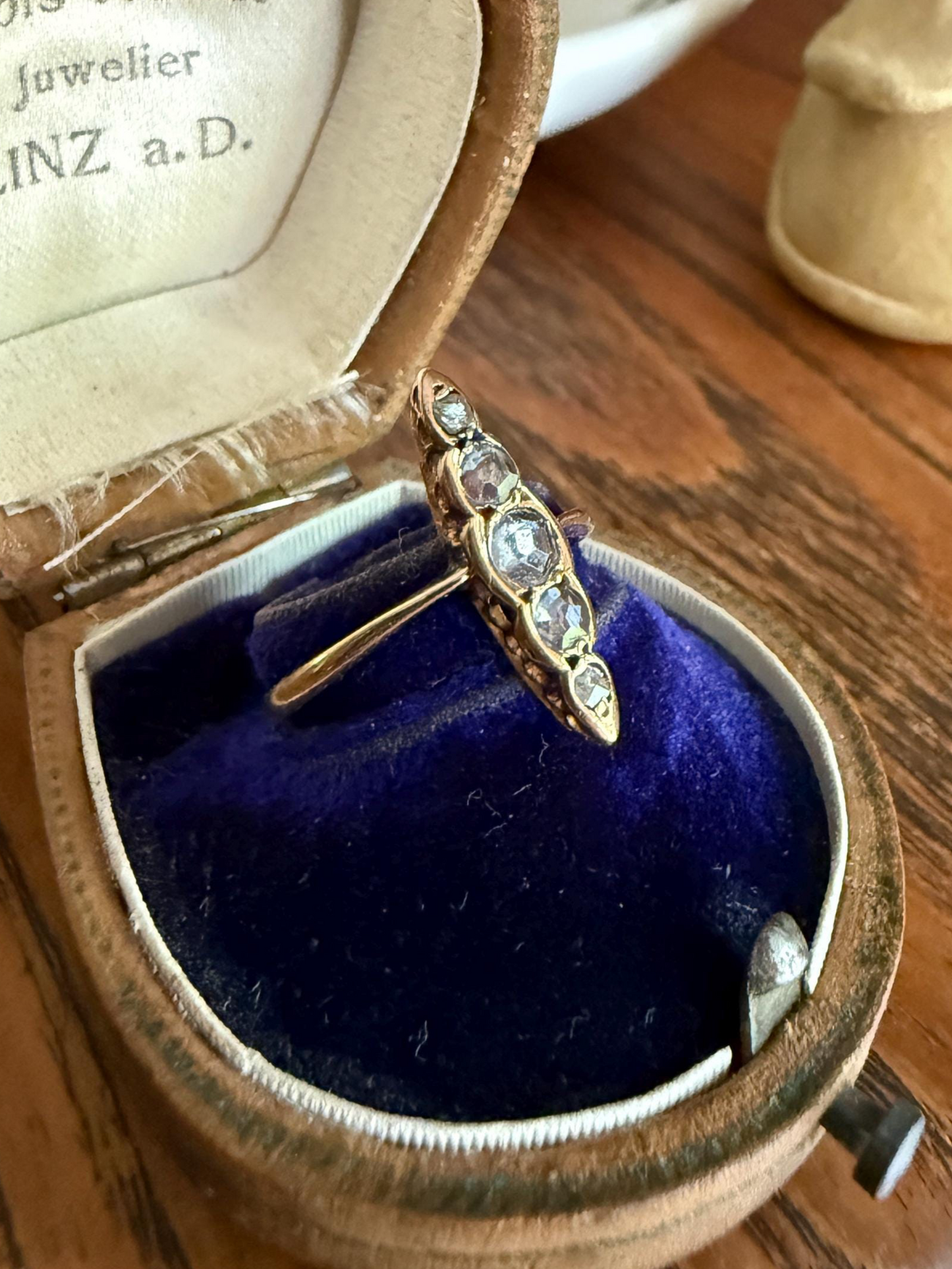 Rose Cut White Sapphire & DIAMOND Antique Five Stone Skinny NAVETTE Ring 18k Gold Victorian to Georgian Scalloped Unique Romantic Gift