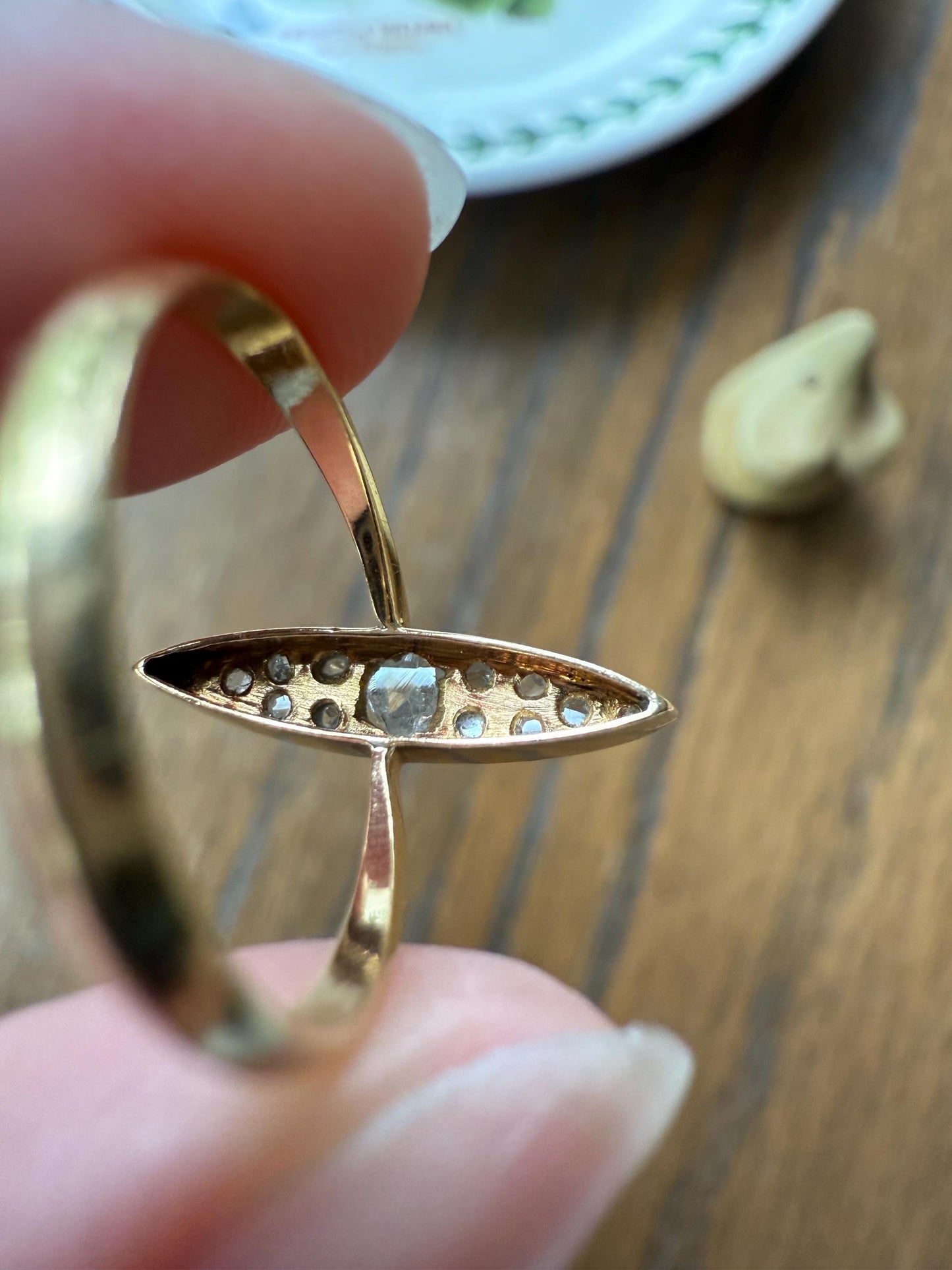 ANGLED Skinny Navette 13 Rose Cut DIAMOND Antique Ring 18k Gold Victorian to Georgian Scalloped Romantic Gift
