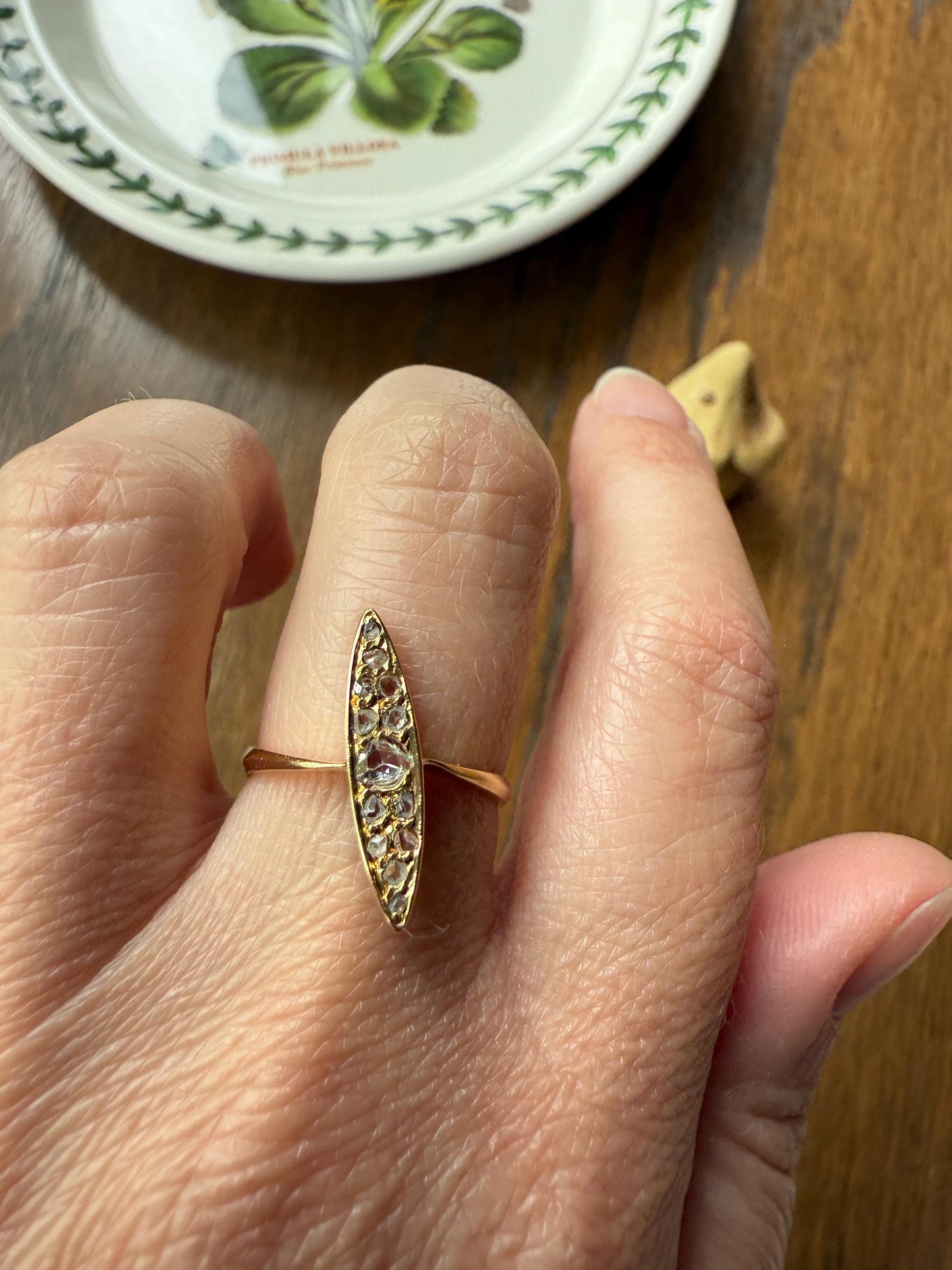 ANGLED Skinny Navette 13 Rose Cut DIAMOND Antique Ring 18k Gold Victorian to Georgian Scalloped Romantic Gift