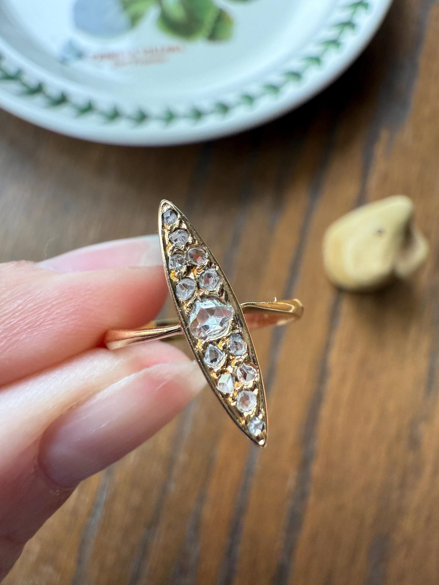 ANGLED Skinny Navette 13 Rose Cut DIAMOND Antique Ring 18k Gold Victorian to Georgian Scalloped Romantic Gift