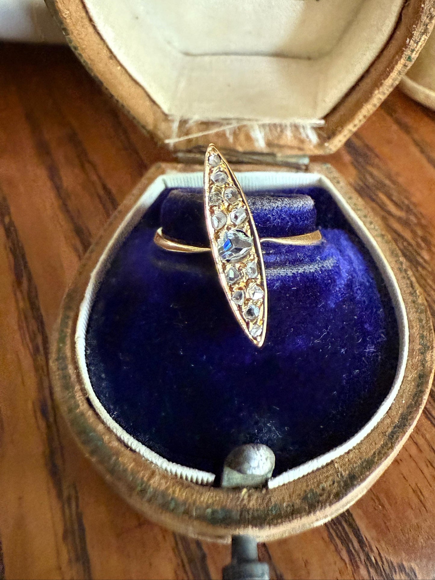 ANGLED Skinny Navette 13 Rose Cut DIAMOND Antique Ring 18k Gold Victorian to Georgian Scalloped Romantic Gift