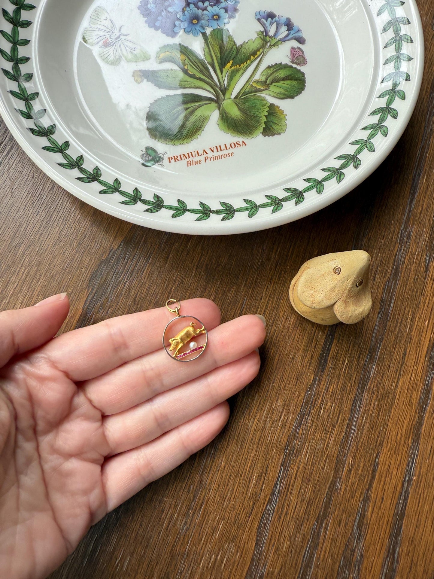 This Little Piggy Went to Spain and France Antique 18k Gold Lucky Jumping Pig Pearl Synthetic Ruby Good Luck Charm Pendant
