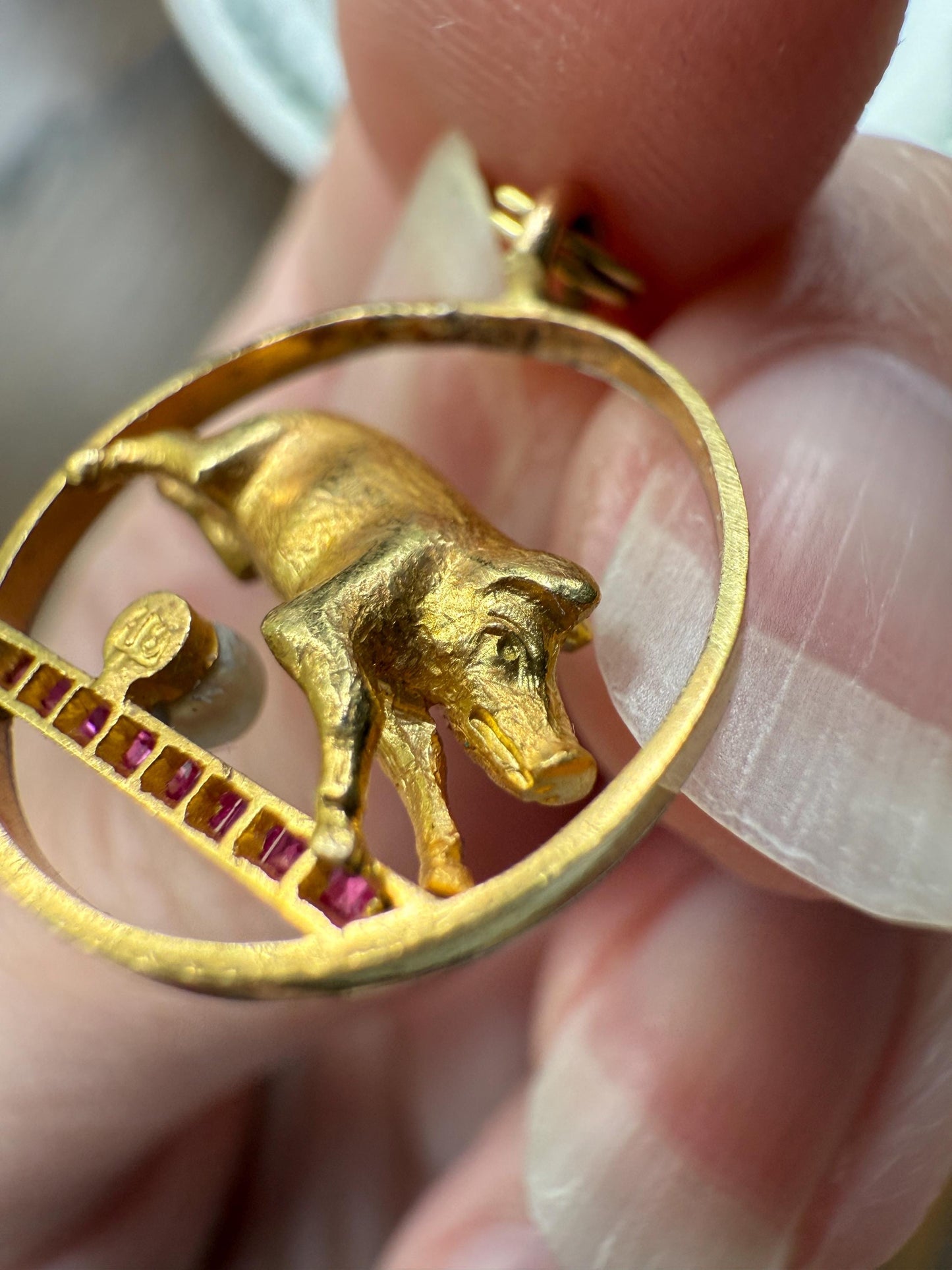 This Little Piggy Went to Spain and France Antique 18k Gold Lucky Jumping Pig Pearl Synthetic Ruby Good Luck Charm Pendant