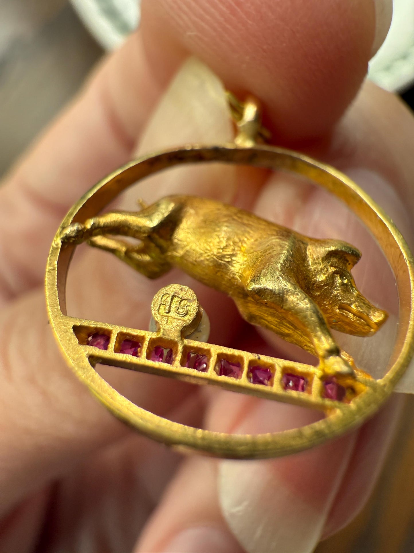 This Little Piggy Went to Spain and France Antique 18k Gold Lucky Jumping Pig Pearl Synthetic Ruby Good Luck Charm Pendant
