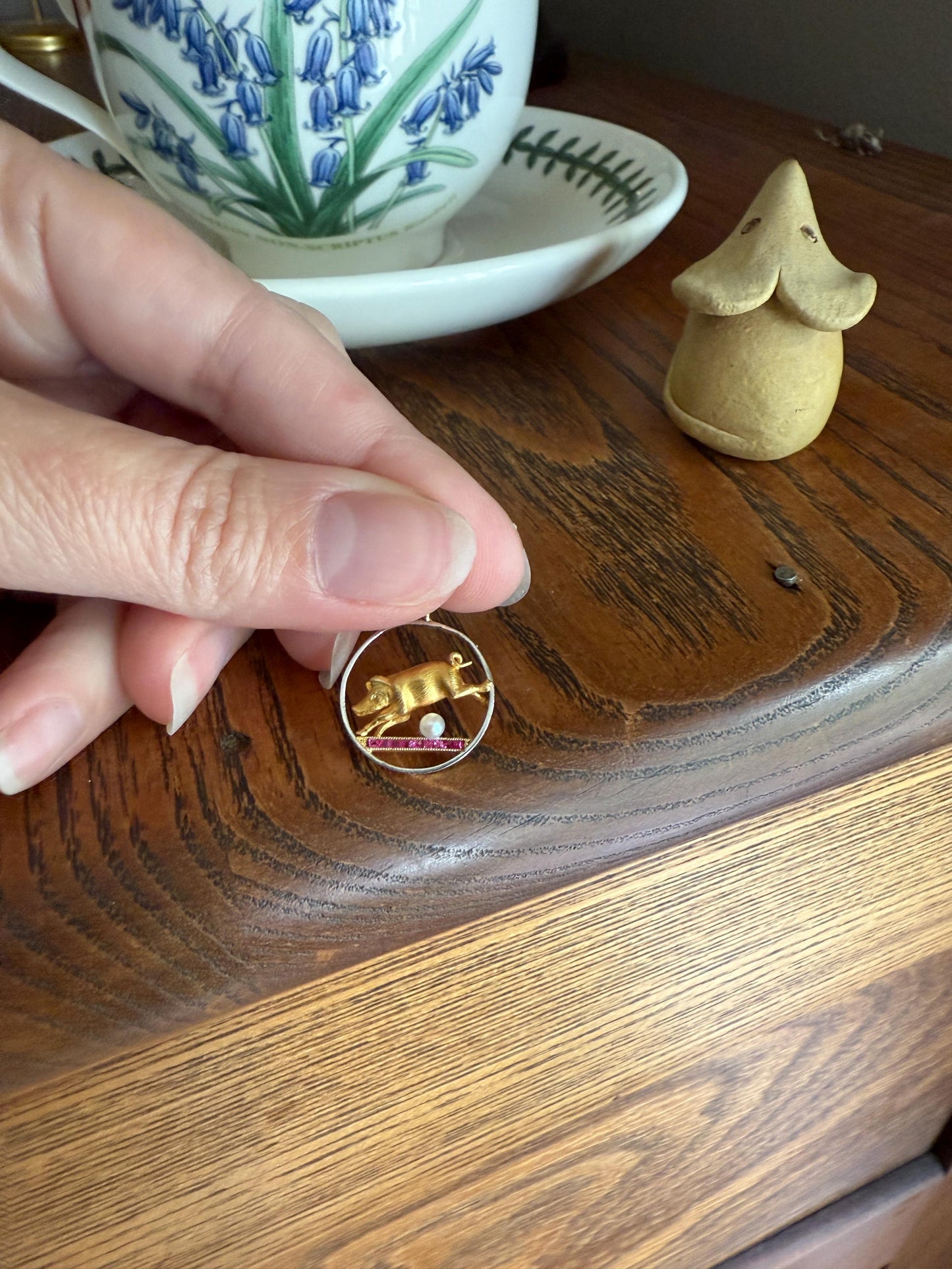 This Little Piggy Went to Spain and France Antique 18k Gold Lucky Jumping Pig Pearl Synthetic Ruby Good Luck Charm Pendant