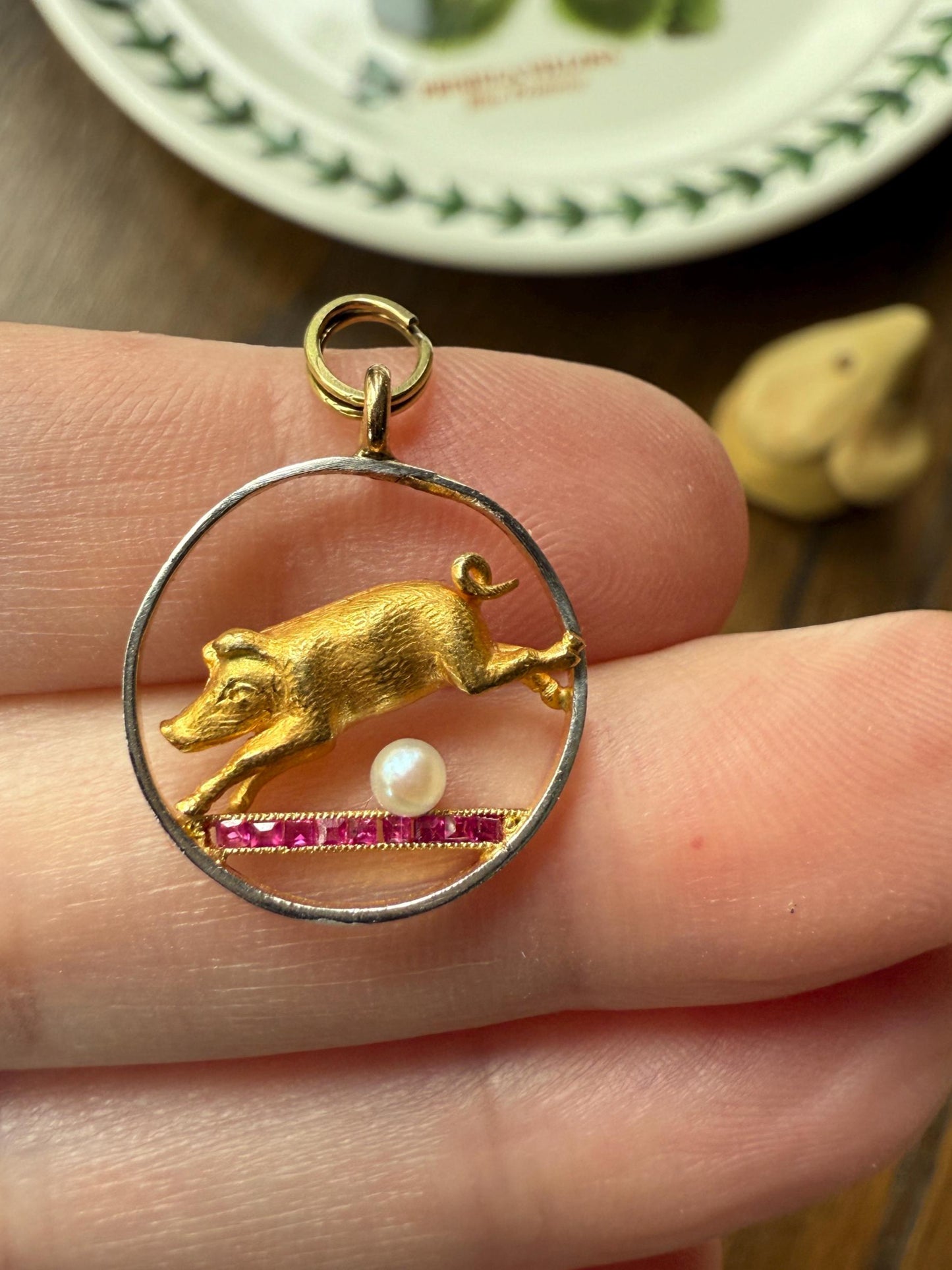 This Little Piggy Went to Spain and France Antique 18k Gold Lucky Jumping Pig Pearl Synthetic Ruby Good Luck Charm Pendant