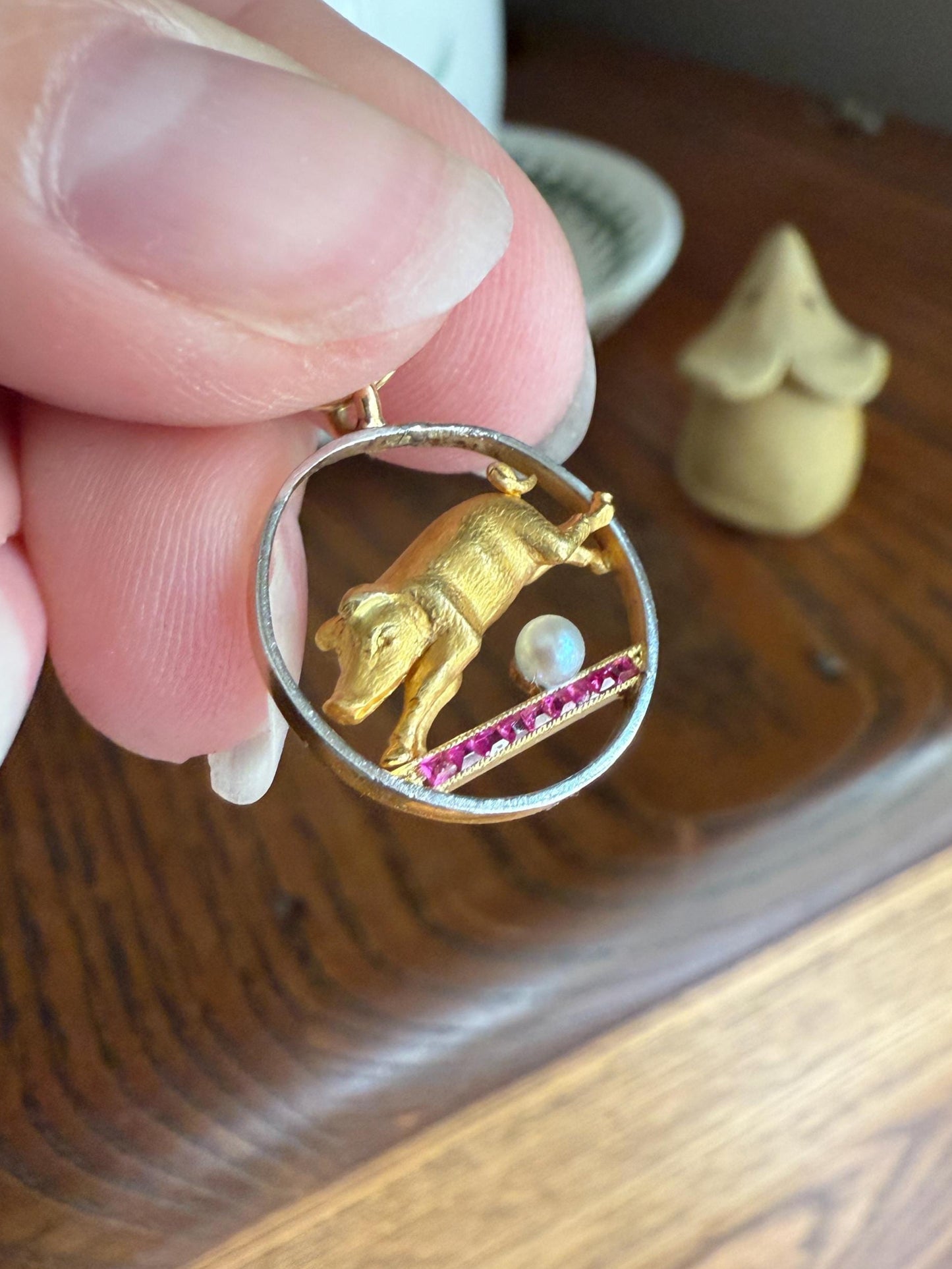 This Little Piggy Went to Spain and France Antique 18k Gold Lucky Jumping Pig Pearl Synthetic Ruby Good Luck Charm Pendant