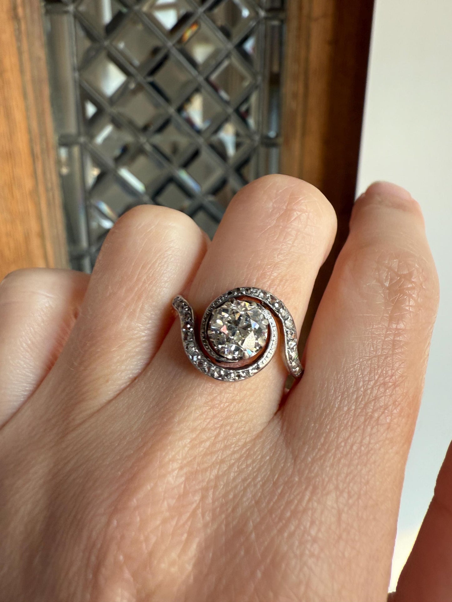 Turbillon French ANTIQUE Swirling 1.25 + Carat Old European Cut DIAMOND 18k Gold & PLATINUM Ring Bypass Solitaire Rose Cut Halo Stacker Gift