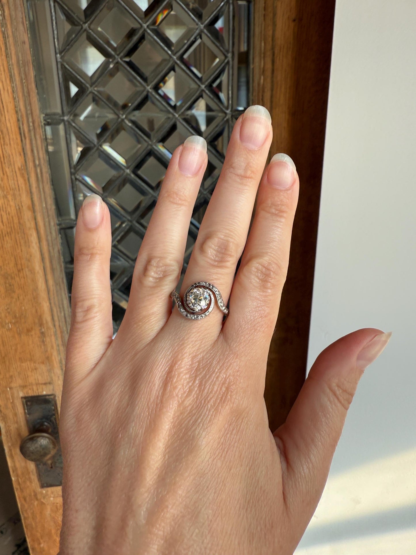 Turbillon French ANTIQUE Swirling 1.25 + Carat Old European Cut DIAMOND 18k Gold & PLATINUM Ring Bypass Solitaire Rose Cut Halo Stacker Gift