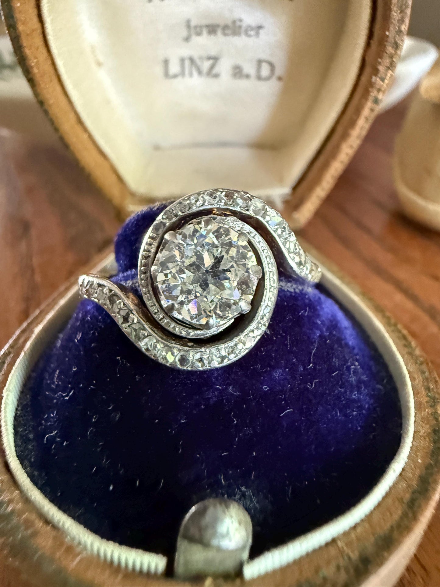 Turbillon French ANTIQUE Swirling 1.25 + Carat Old European Cut DIAMOND 18k Gold & PLATINUM Ring Bypass Solitaire Rose Cut Halo Stacker Gift