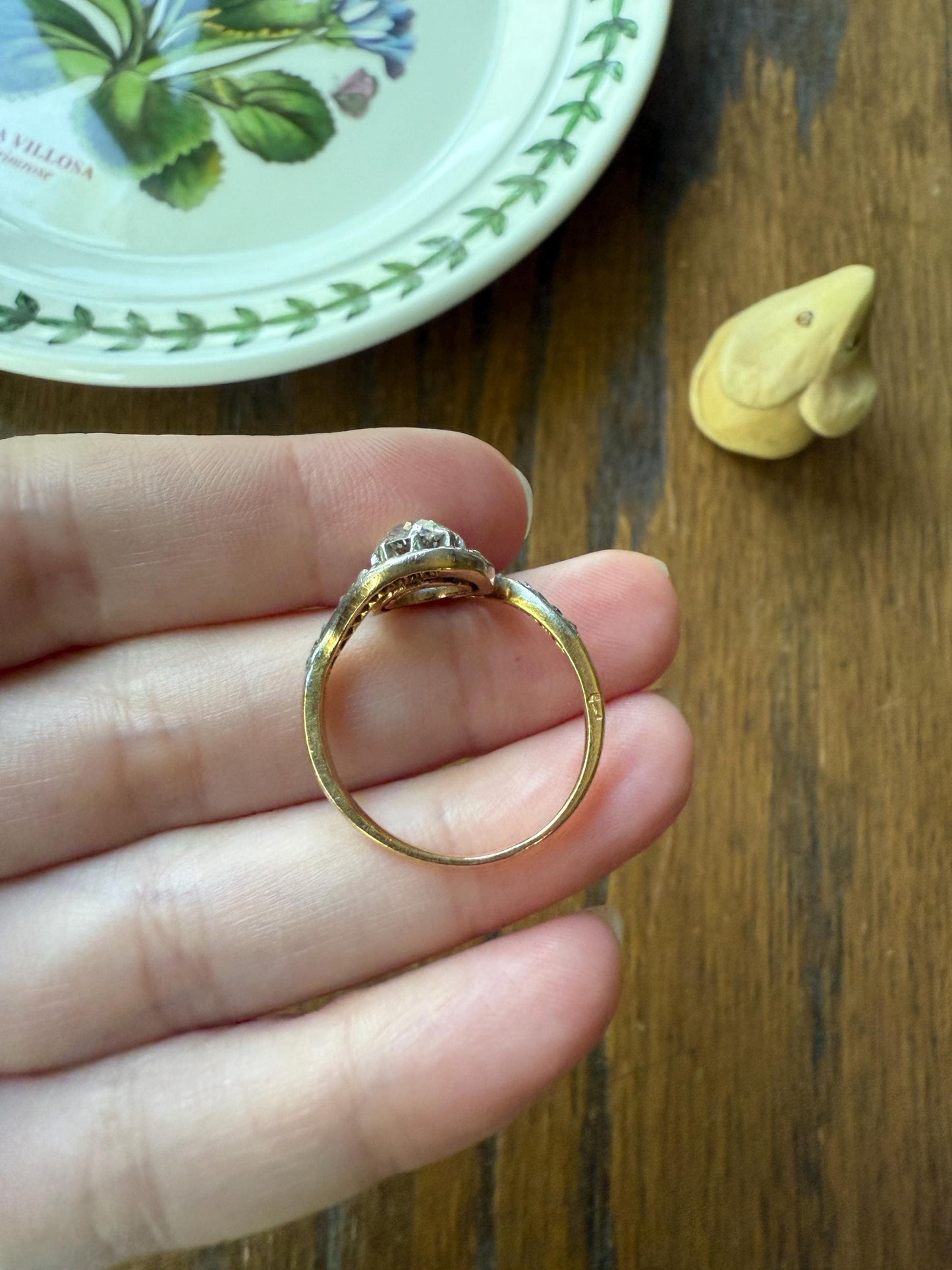 Turbillon French ANTIQUE Swirling 1.25 + Carat Old European Cut DIAMOND 18k Gold & PLATINUM Ring Bypass Solitaire Rose Cut Halo Stacker Gift