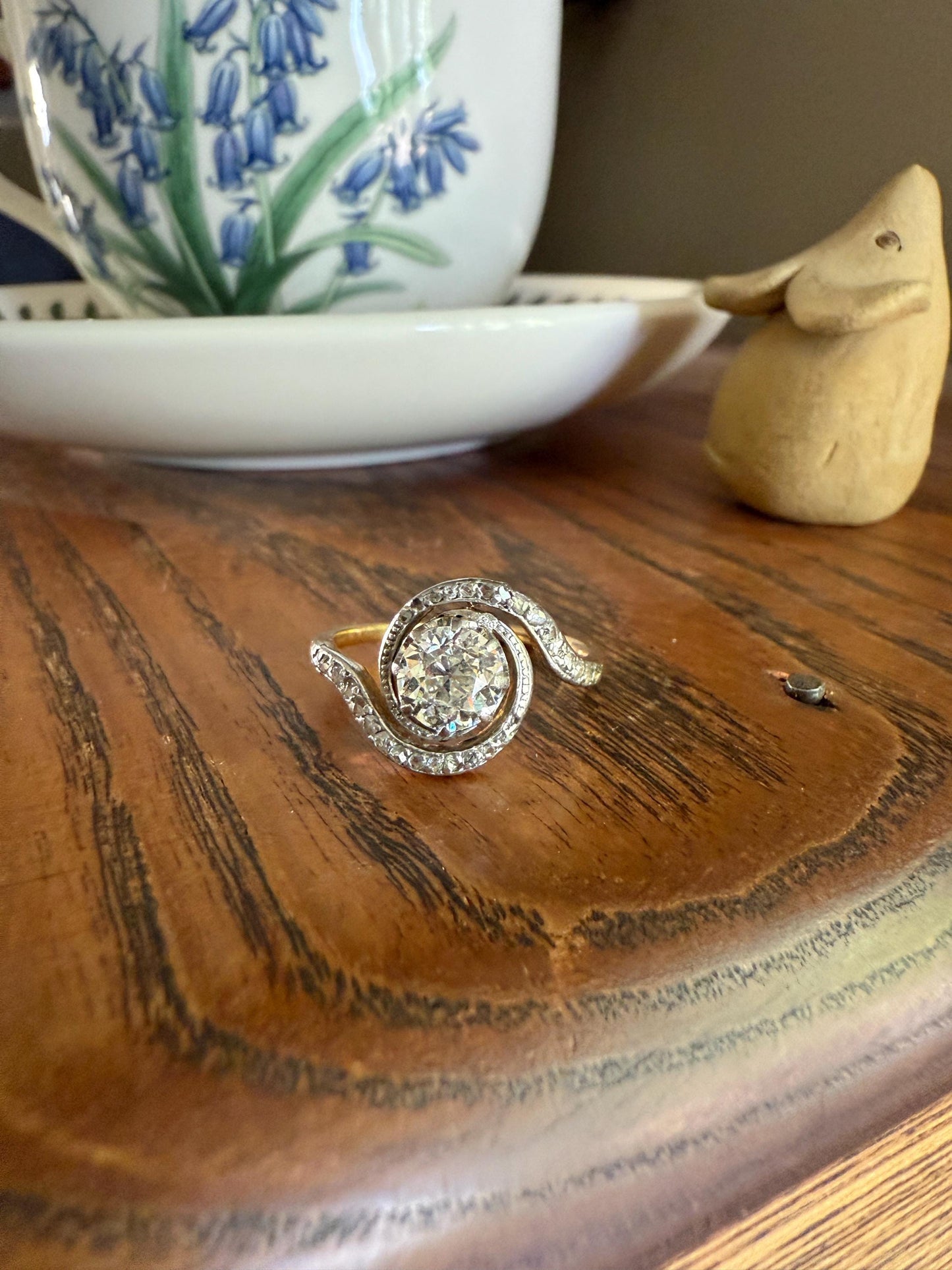 Turbillon French ANTIQUE Swirling 1.25 + Carat Old European Cut DIAMOND 18k Gold & PLATINUM Ring Bypass Solitaire Rose Cut Halo Stacker Gift