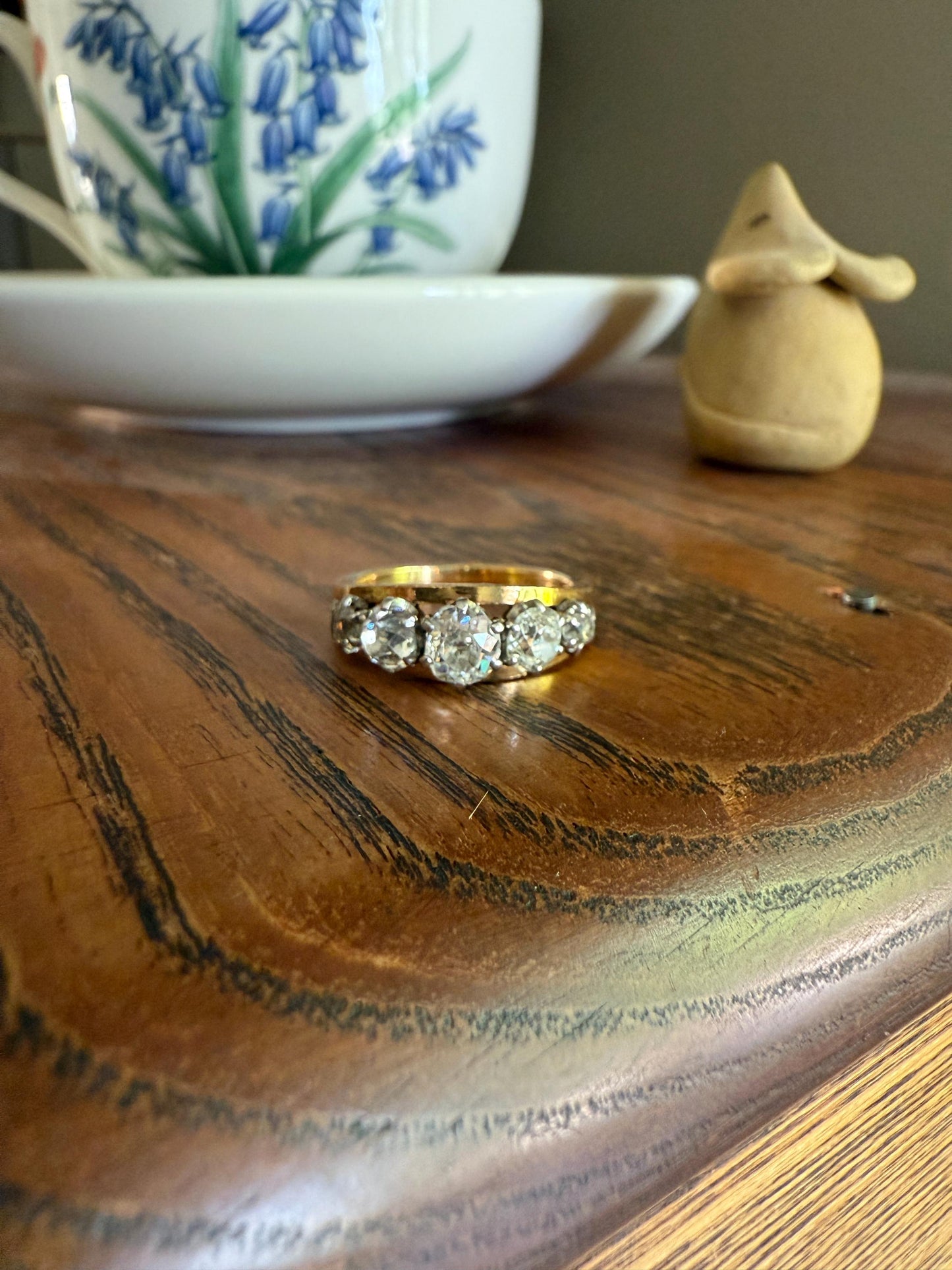 TALL French Vintage Ring 1.65 Carat Antique Old Mine Cut DIAMOND Five Stone Wide Band 18k Gold Platinum Solid Stacker Chunky Gift 1 2/3 OmC