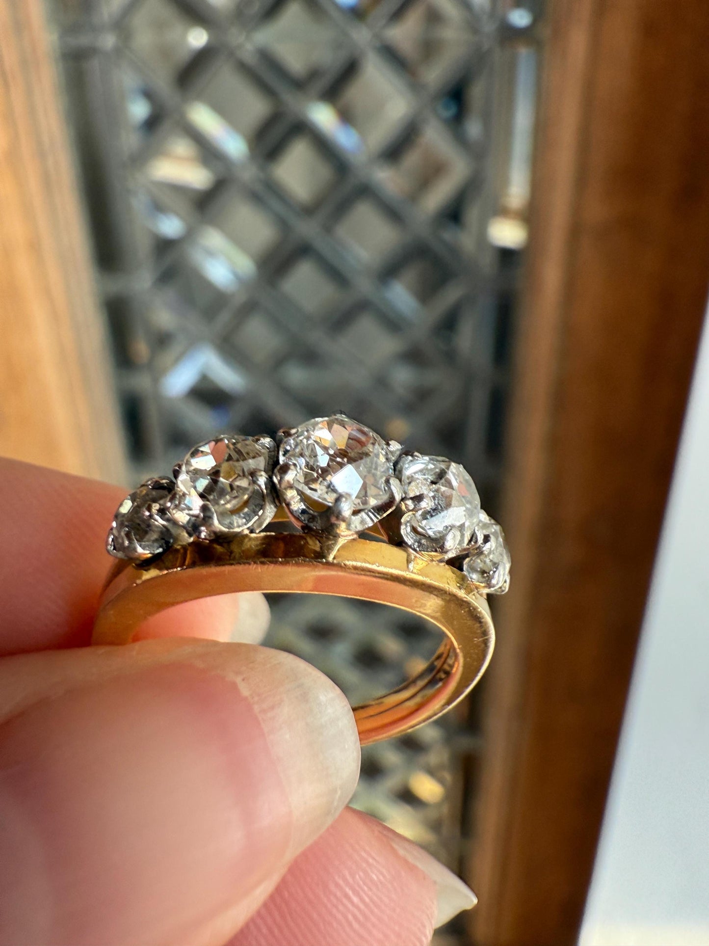 TALL French Vintage Ring 1.65 Carat Antique Old Mine Cut DIAMOND Five Stone Wide Band 18k Gold Platinum Solid Stacker Chunky Gift 1 2/3 OmC
