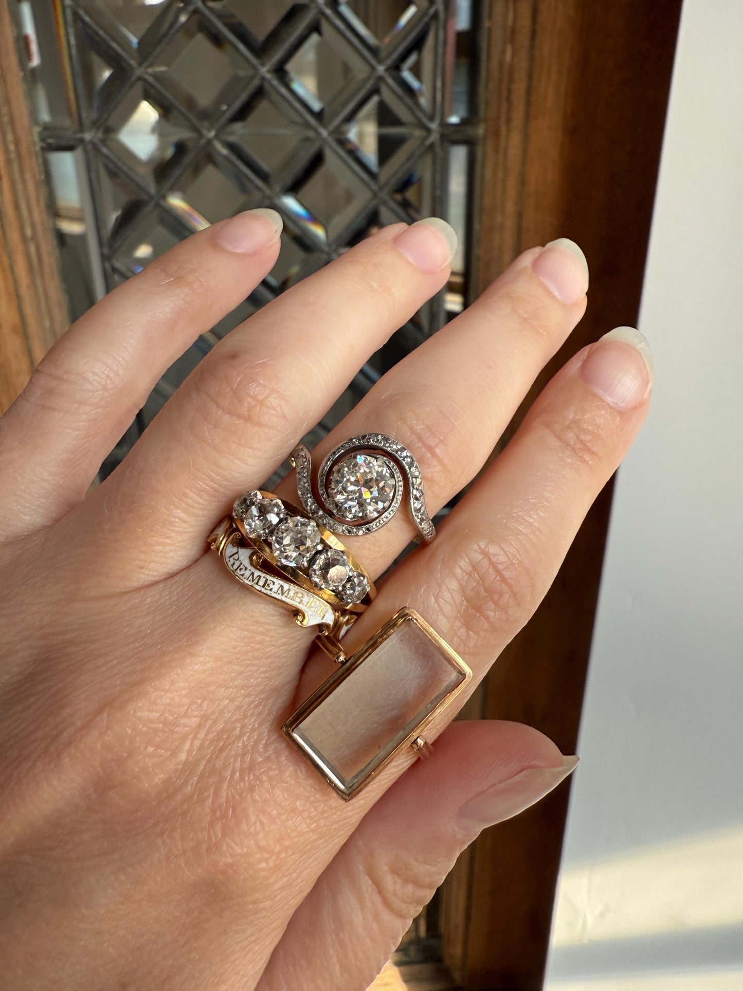 TALL French Vintage Ring 1.65 Carat Antique Old Mine Cut DIAMOND Five Stone Wide Band 18k Gold Platinum Solid Stacker Chunky Gift 1 2/3 OmC