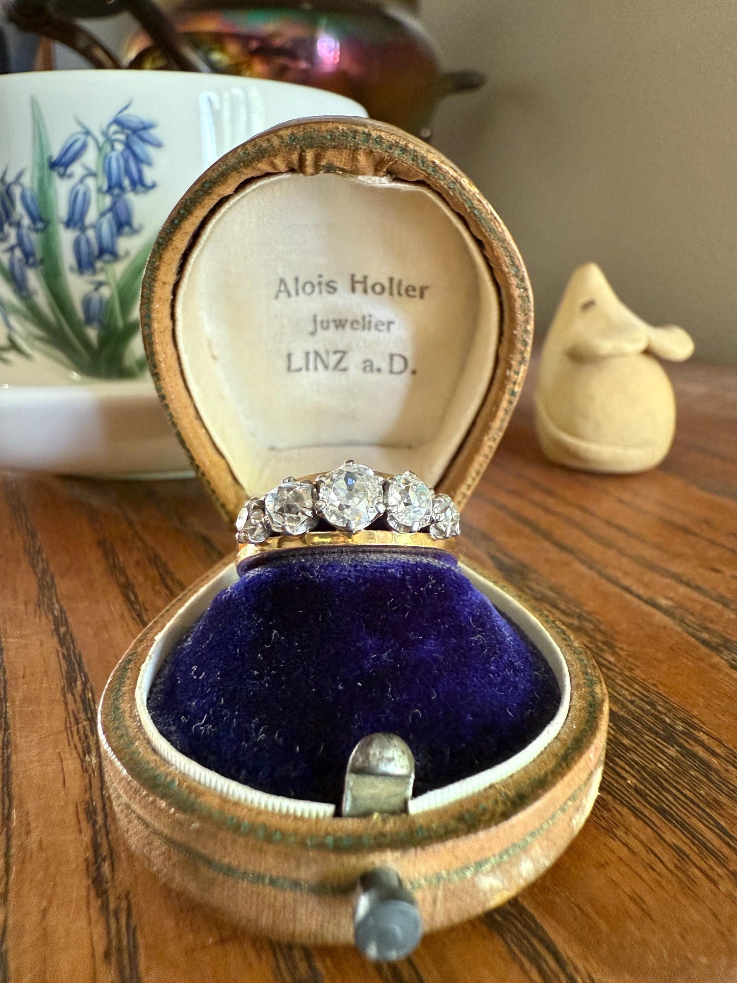 TALL French Vintage Ring 1.65 Carat Antique Old Mine Cut DIAMOND Five Stone Wide Band 18k Gold Platinum Solid Stacker Chunky Gift 1 2/3 OmC