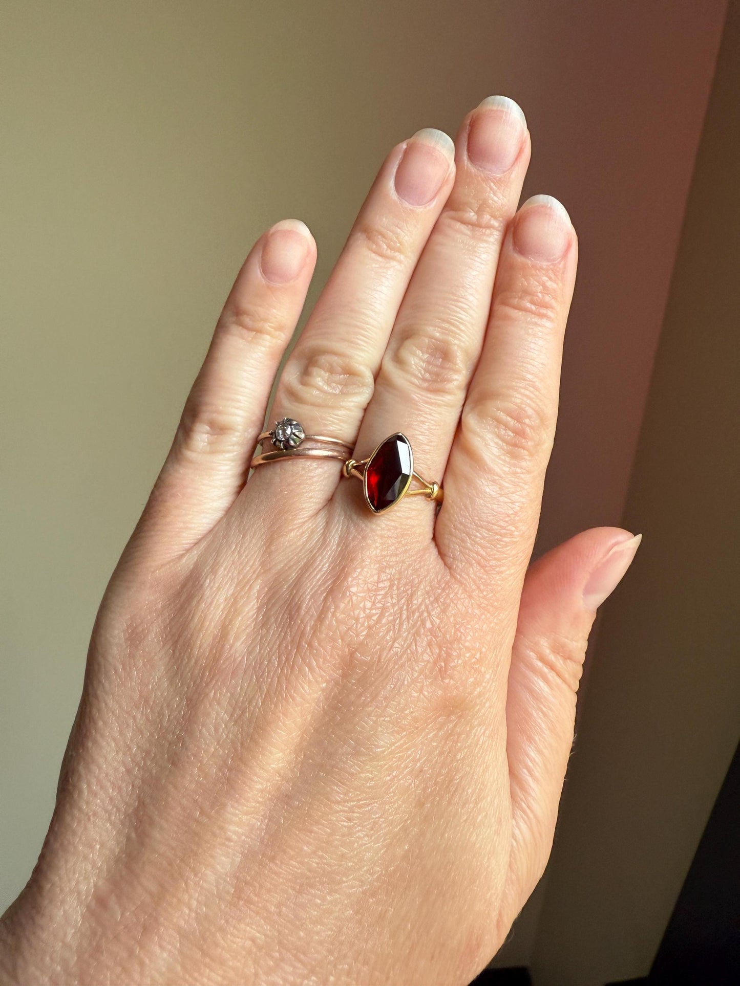 Marquise Perpignan GARNET Navette Ring French New! 18k Gold Crimson Light Reflective Foil Back Geometric Stacker Unique Romantic Gift