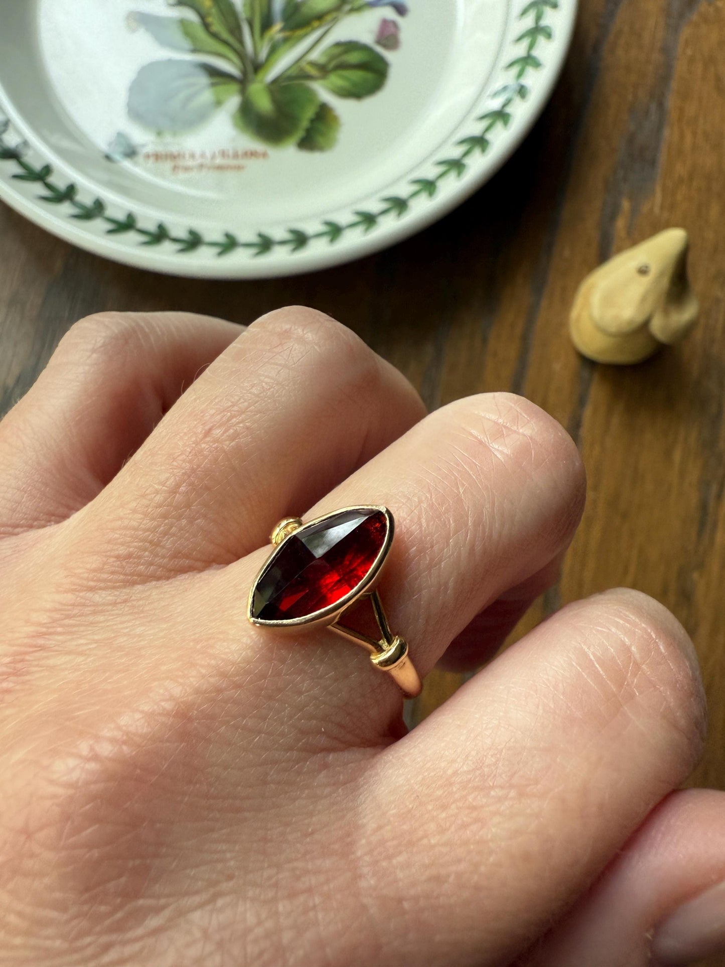 Marquise Perpignan GARNET Navette Ring French New! 18k Gold Crimson Light Reflective Foil Back Geometric Stacker Unique Romantic Gift