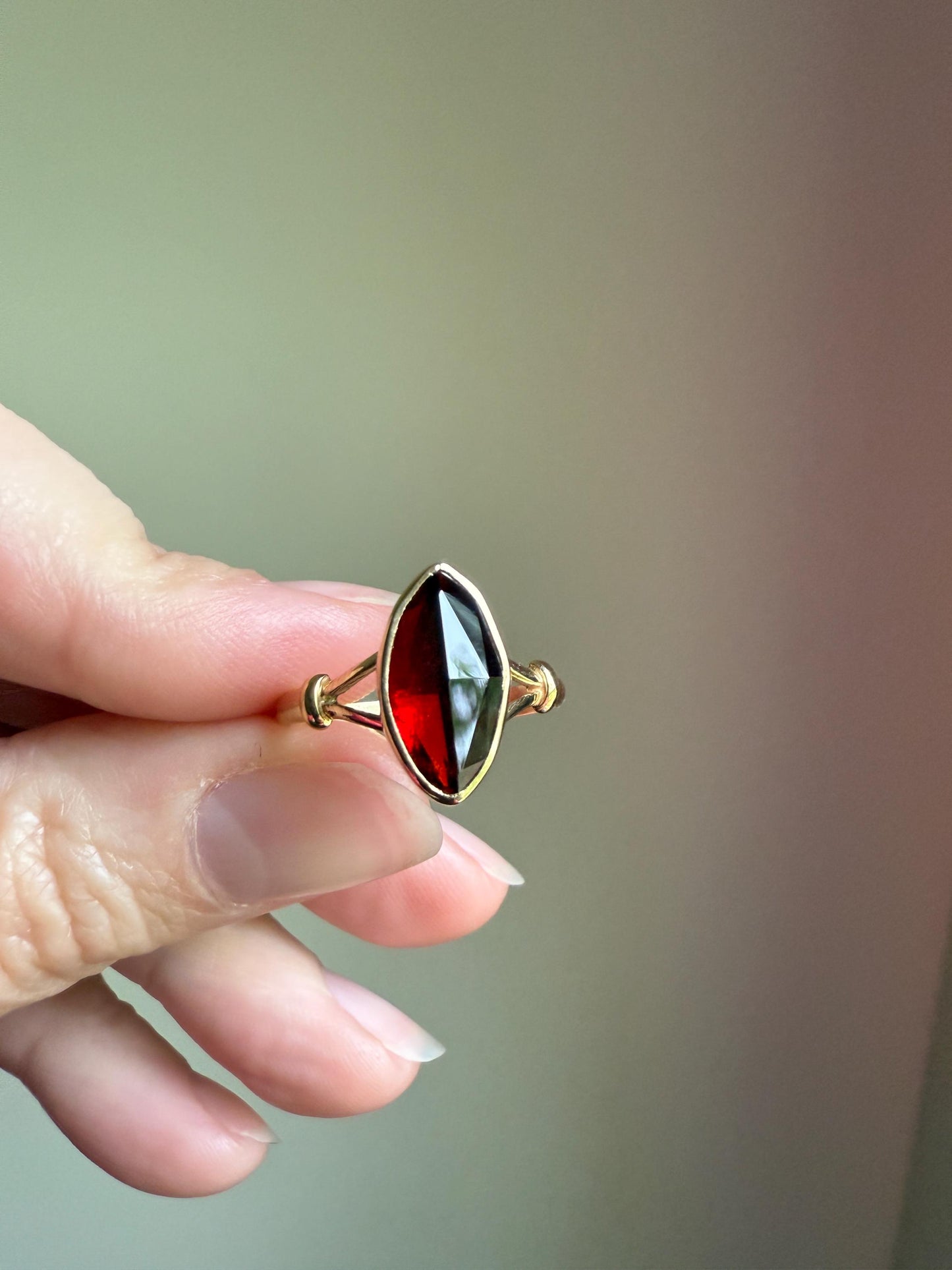 Marquise Perpignan GARNET Navette Ring French New! 18k Gold Crimson Light Reflective Foil Back Geometric Stacker Unique Romantic Gift