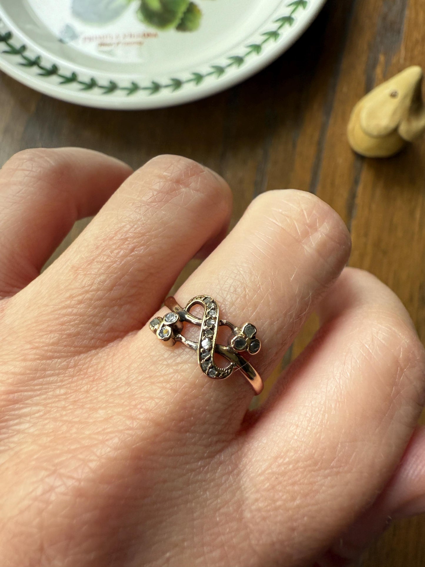 Victorian Swirl Rose Cut Diamond Band Forget Me Not Clover Spanish 18k Gold Ring Dainty Figural Stacker Movement and a Glint of Sparkle Gift