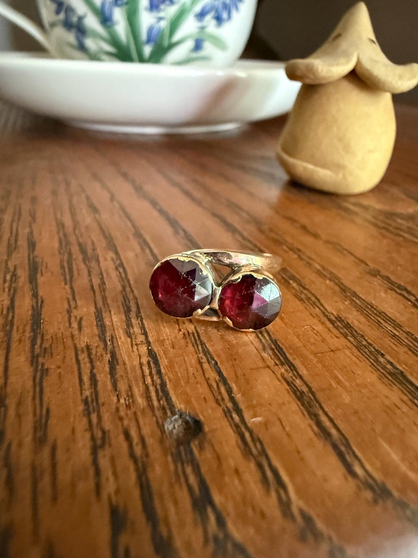 Toi et Moi Perpignan GARNET Two Stone Ring French 18k Gold Purplish Red Light Reflective Foil Back Geometric Stacker Unique Romantic Gift