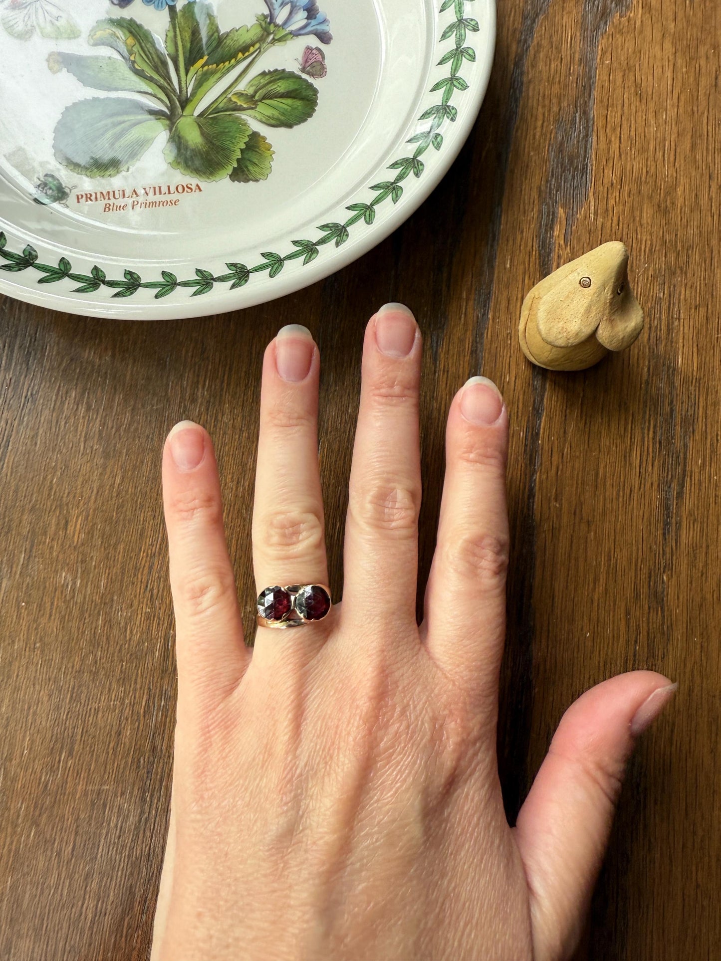 Toi et Moi Perpignan GARNET Two Stone Ring French 18k Gold Purplish Red Light Reflective Foil Back Geometric Stacker Unique Romantic Gift