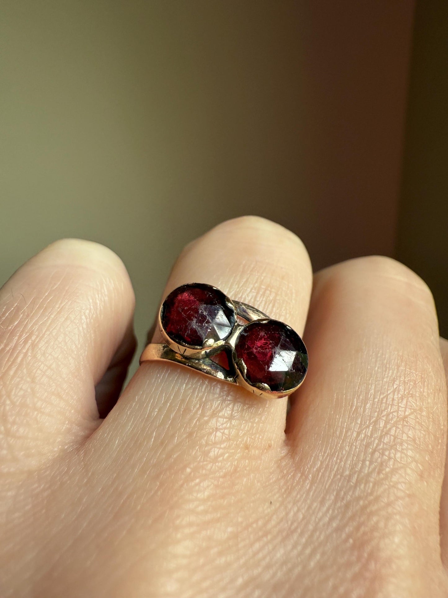 Toi et Moi Perpignan GARNET Two Stone Ring French 18k Gold Purplish Red Light Reflective Foil Back Geometric Stacker Unique Romantic Gift