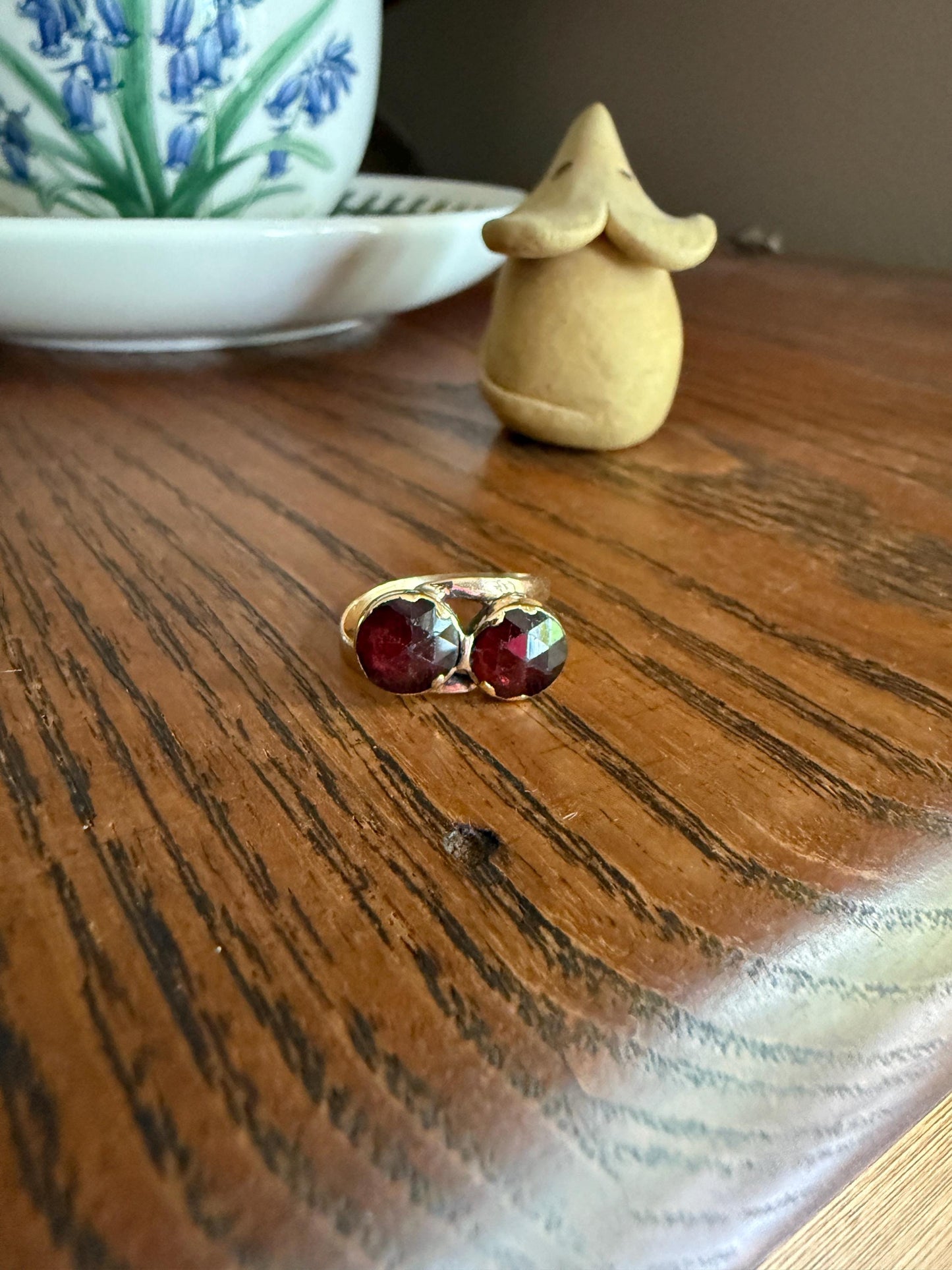 Toi et Moi Perpignan GARNET Two Stone Ring French 18k Gold Purplish Red Light Reflective Foil Back Geometric Stacker Unique Romantic Gift