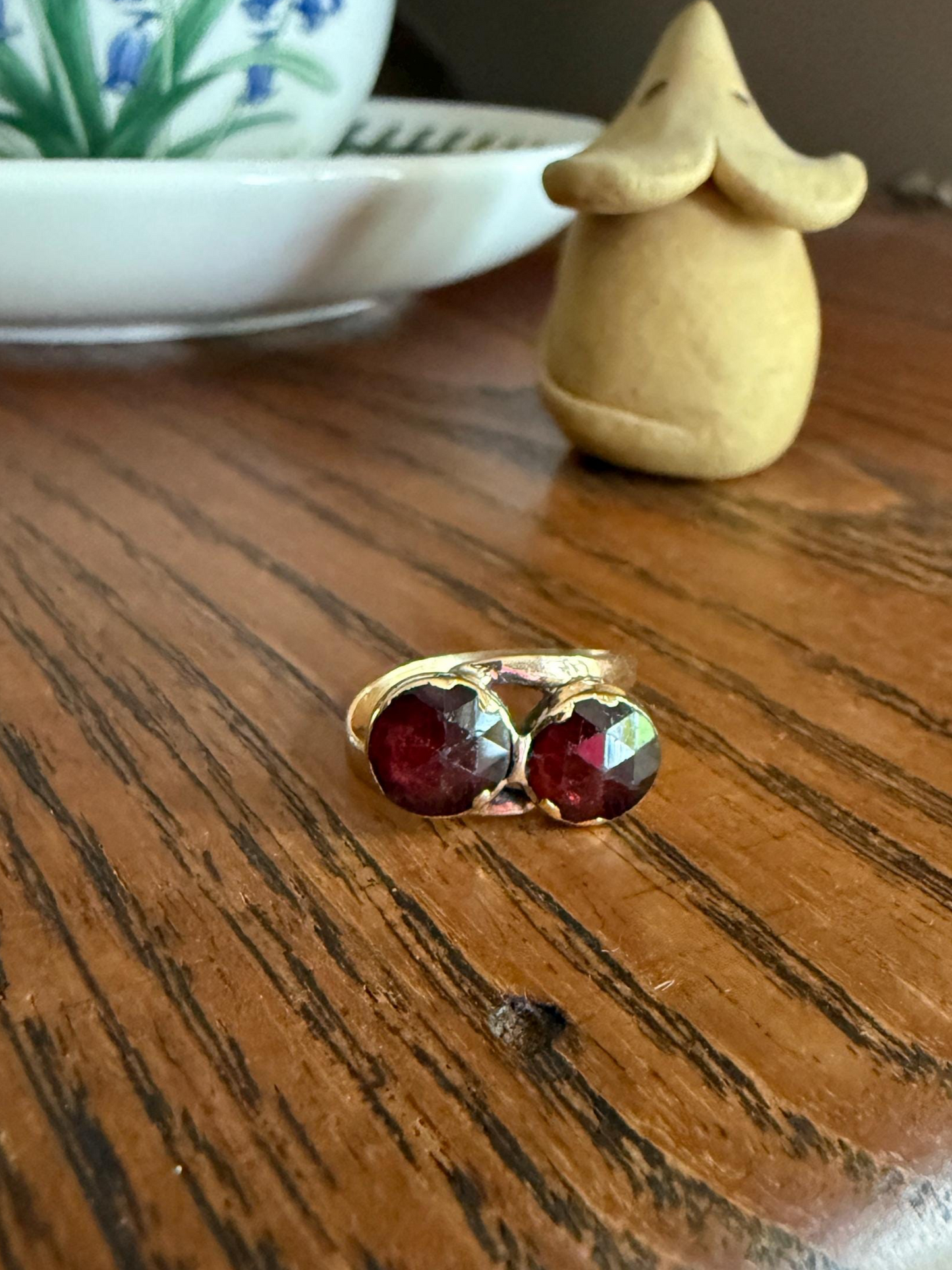 Toi et Moi Perpignan GARNET Two Stone Ring French 18k Gold Purplish Red Light Reflective Foil Back