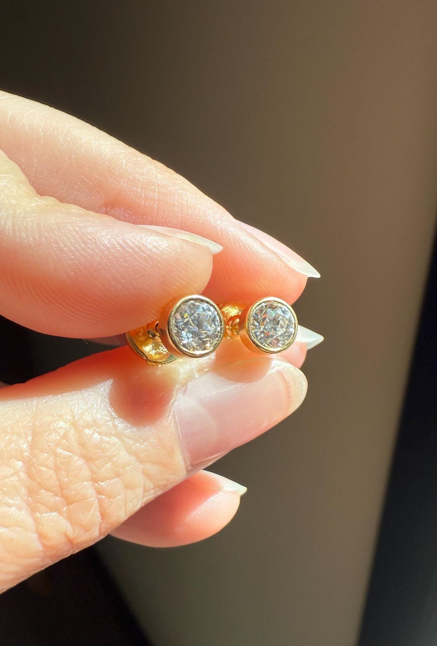 Eye Clean! Bezel Set Old Mine Cut 1 Carat Tdw DIAMOND Stud Earrings 18k GOLD Fiery Antique Stones Bridal Something Old Minimalist 1ctw OMC