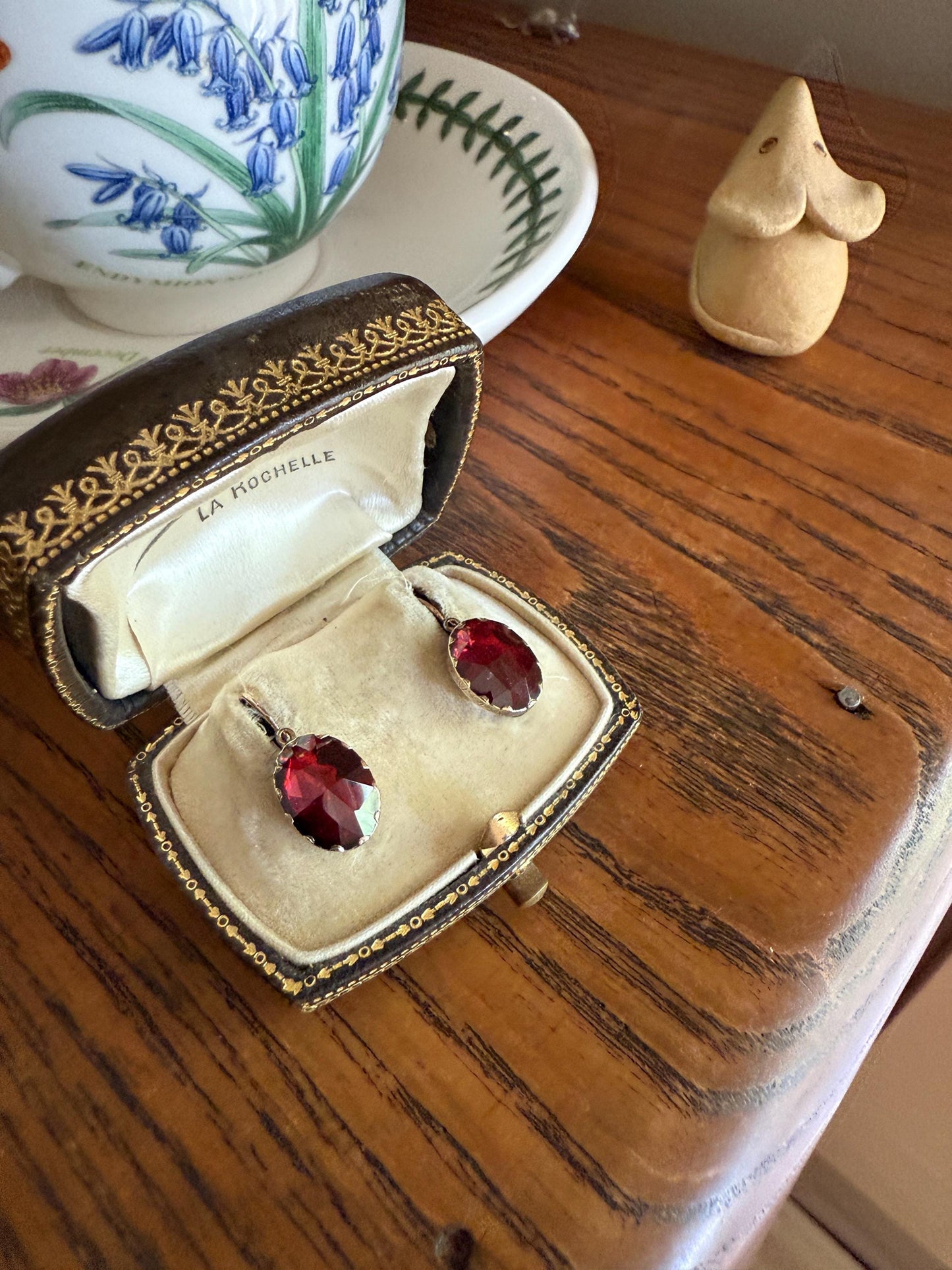 Dormeuse Antique PERPIGNAN GARNET Earrings 18k Gold Rose Cut Original Victorian Closed Back Almandine Glowing Crimson Berry Pinkish Red