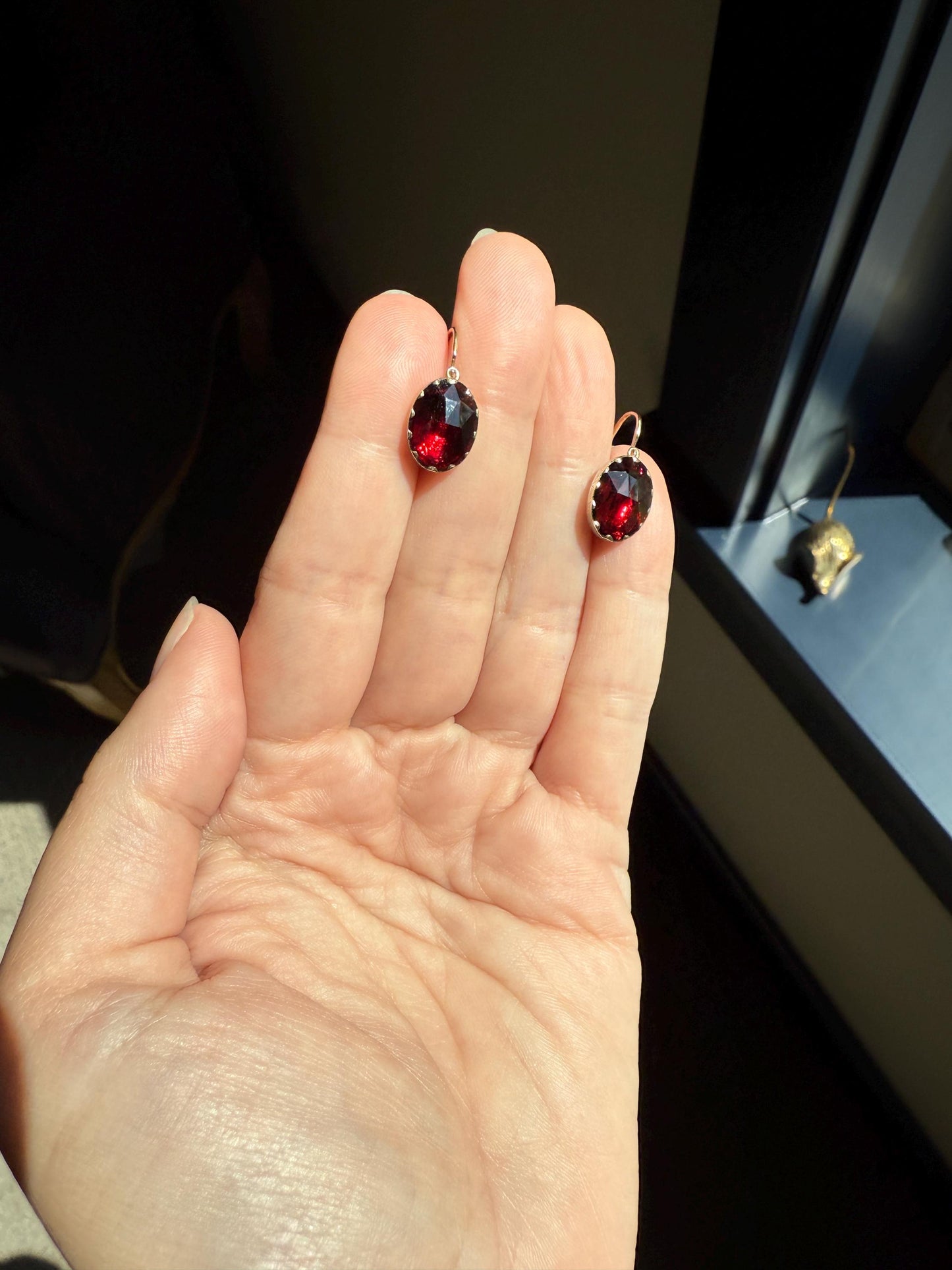 Dormeuse Antique PERPIGNAN GARNET Earrings 18k Gold Rose Cut Original Victorian Closed Back Almandine Glowing Crimson Berry Pinkish Red