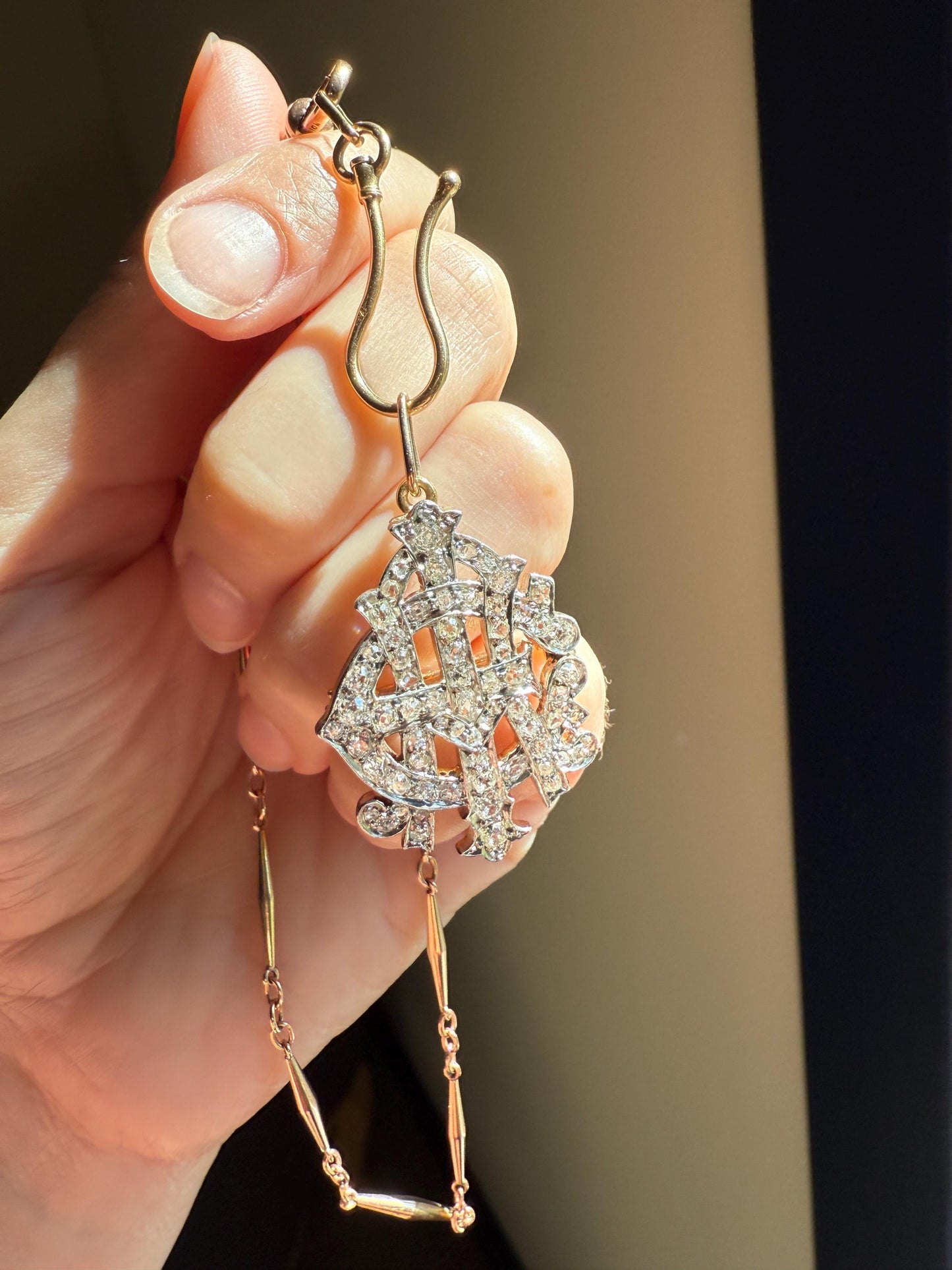 AEI Amity Eternity Infinity Antique 2.5 Carat Old Mine Rose Cut Diamond Initial XL Pendant Heavy Figural 14k Gold Platinum 3D Letter 2.5Ct