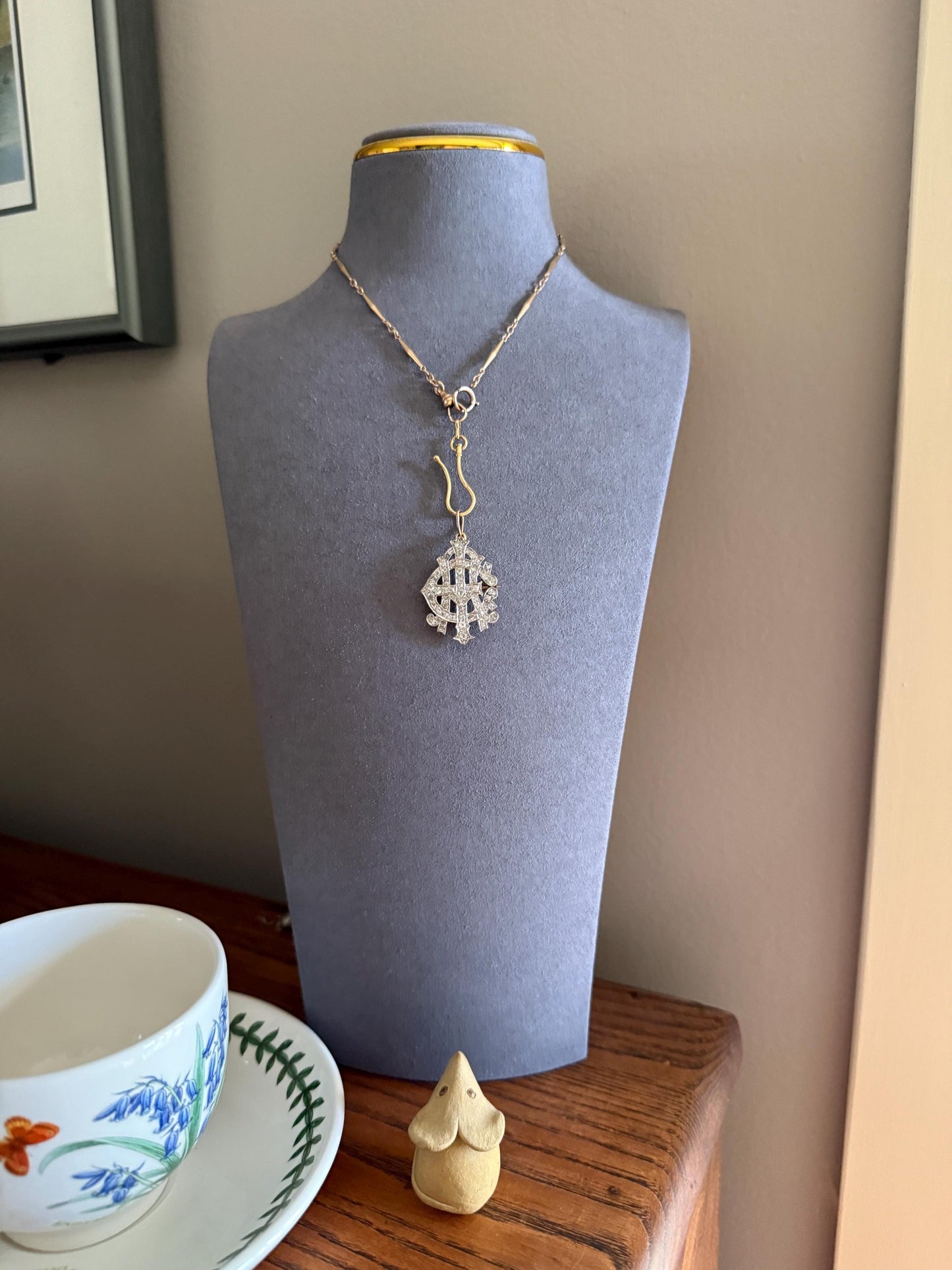 AEI Amity Eternity Infinity Antique 2.5 Carat Old Mine Rose Cut Diamond Initial XL Pendant Heavy Figural 14k Gold Platinum 3D Letter 2.5Ct