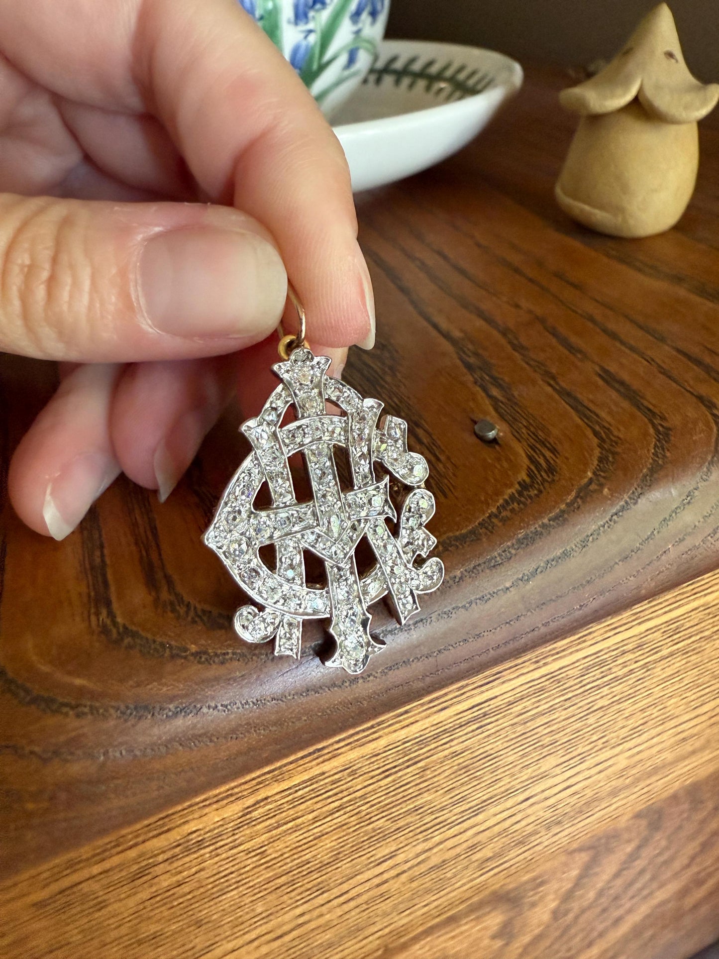AEI Amity Eternity Infinity Antique 2.5 Carat Old Mine Rose Cut Diamond Initial XL Pendant Heavy Figural 14k Gold Platinum 3D Letter 2.5Ct