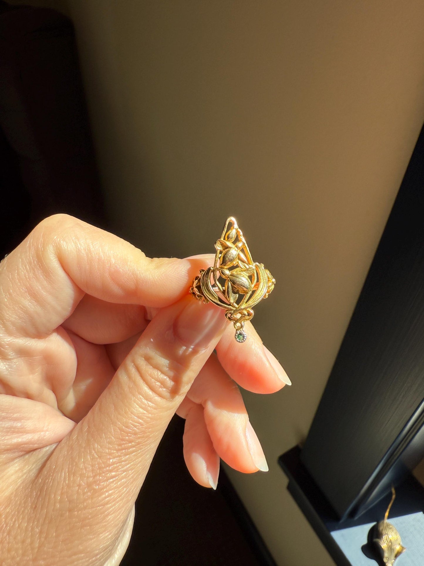Delicious Floral French Art NOUVEAU Antique Belle Epoque Rose SWIRL Whiplash 18k Gold Ring Snowdrops Crocus Cyclamen Large 1.1" Love Gift
